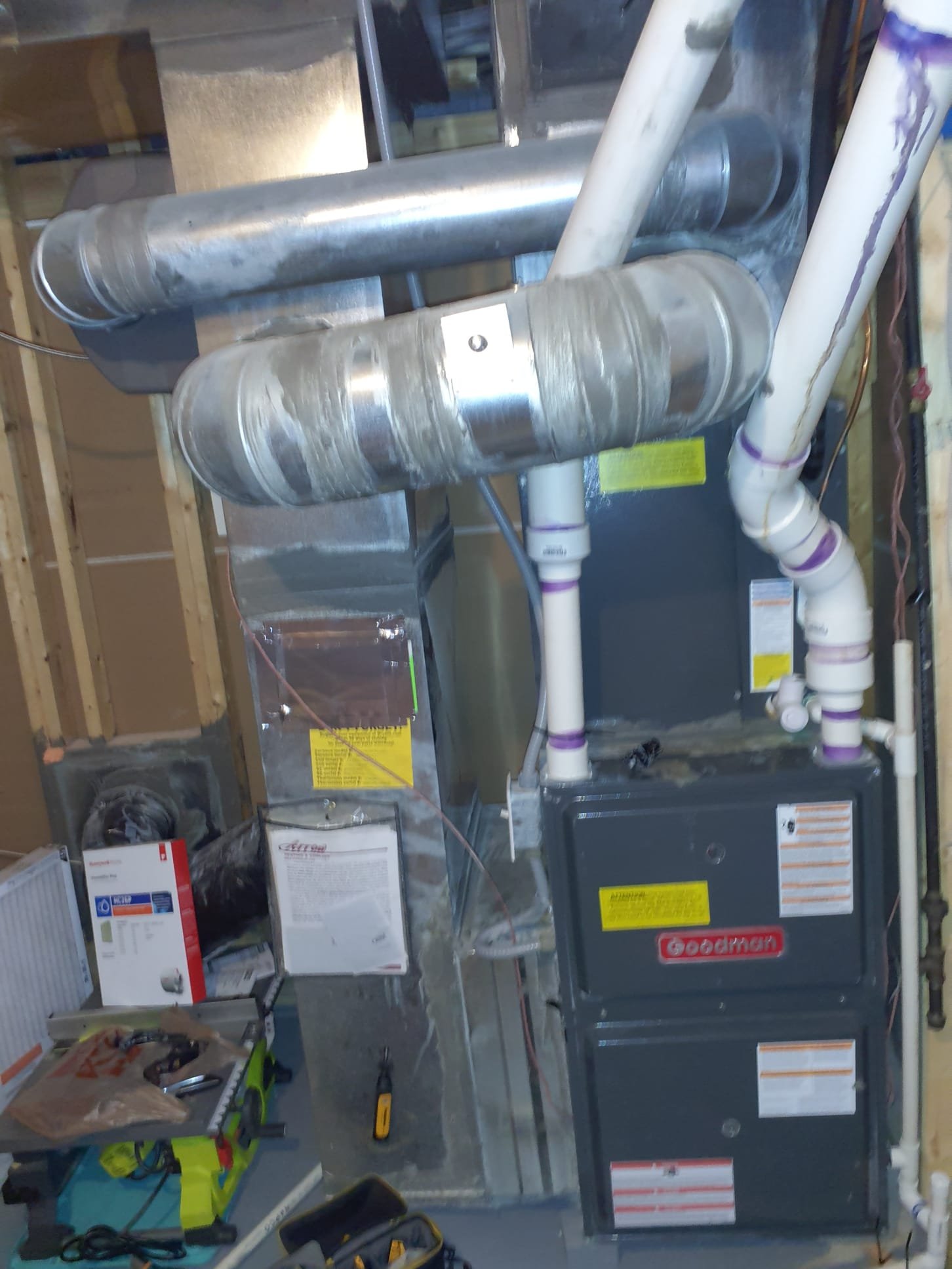 Performed heating maintenance on a Goodman 96% efficient single stage natural gas furnace
Collector box gasket is leaking water. 
We will send over a proposal to disassemble and replace the gasket kit
Blower capacitor measured 15.2mfd (rated 15)
Condensate lines are clear
Corrected mounting of condensate trap inside the furnace 
Corrected humidifier drain by trimming some of the pipe shorter to take upward pressure off the housing
Humidistat is incorrectly mounted downstream of the humidifier 
Recommend setting it higher than desired to ensure it humidifies
Fixed a small leak on the exhaust pipe
Flipped inducer outlet clamp 180⁰ per Goodman service bulletin
Pulled flame sensor and cleaned 
Run tested furnace 
Humidifier is not leaking water at this time 
Set gas pressure to 3.0"wc
Temperature rise with all 3 zone dampers open wax 35⁰
Closed all but one zone, temp rise peaked at 48⁰
Rated temp rise is 25-55⁰

Other than the leaking collector box gasket, system is working properly at thi