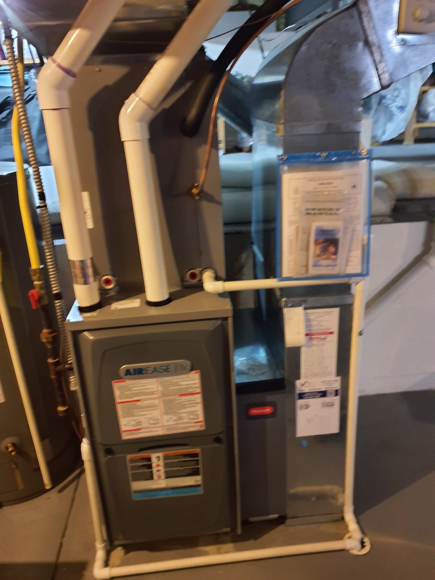 Performed heating maintenance on a 2018 96% efficient AirEase (lennox) two stage natural gas furnace
20x25x4 filter is new today
Blower in OK conditiom
Aprilaire 600 humidifier #35 water panel is in good condition
Set humidity to 40%
Opened bypass damper
No water leaks present during humidifier operation at this time
Pulled flame sensor and cleaned
Fixed loose ground wire to burner box
Blew out condensate lines
Run tested furnace
High fire gas pressure set to 3.5"wc with reference to the sealed burner box 
Temperature rise 55⁰
Low fire gas pressure 1.7"wc
Temp rise 46⁰
Furnace is operating within factory specifications at this time 