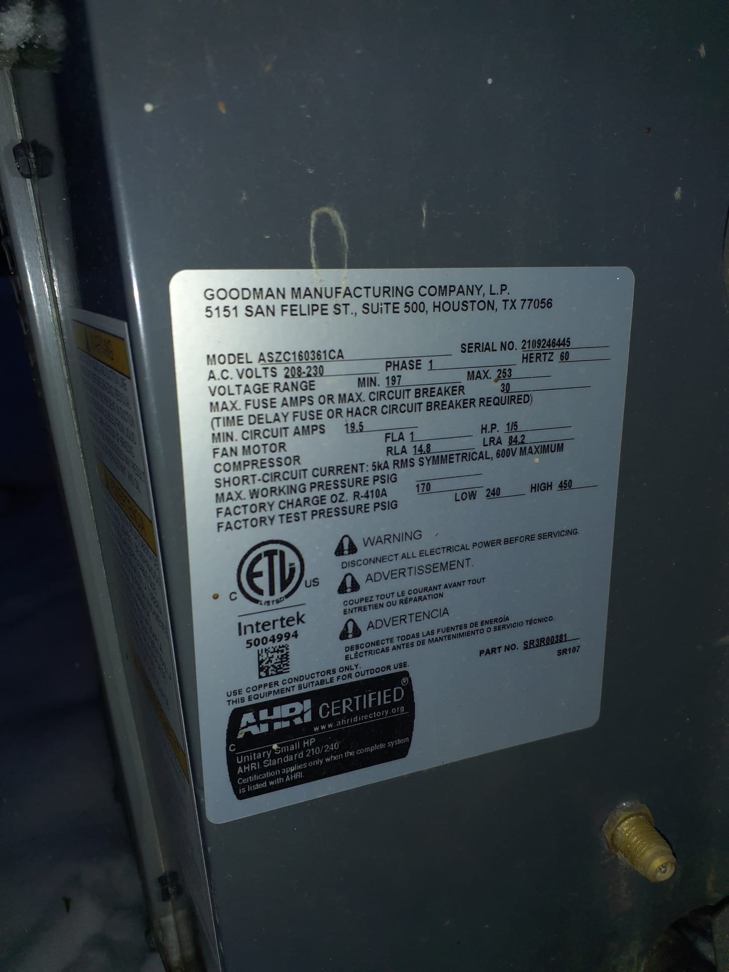 Diagnosed failing outdoor fan motor
Will call parts supplier in the morning for warranty status and parts availability 
