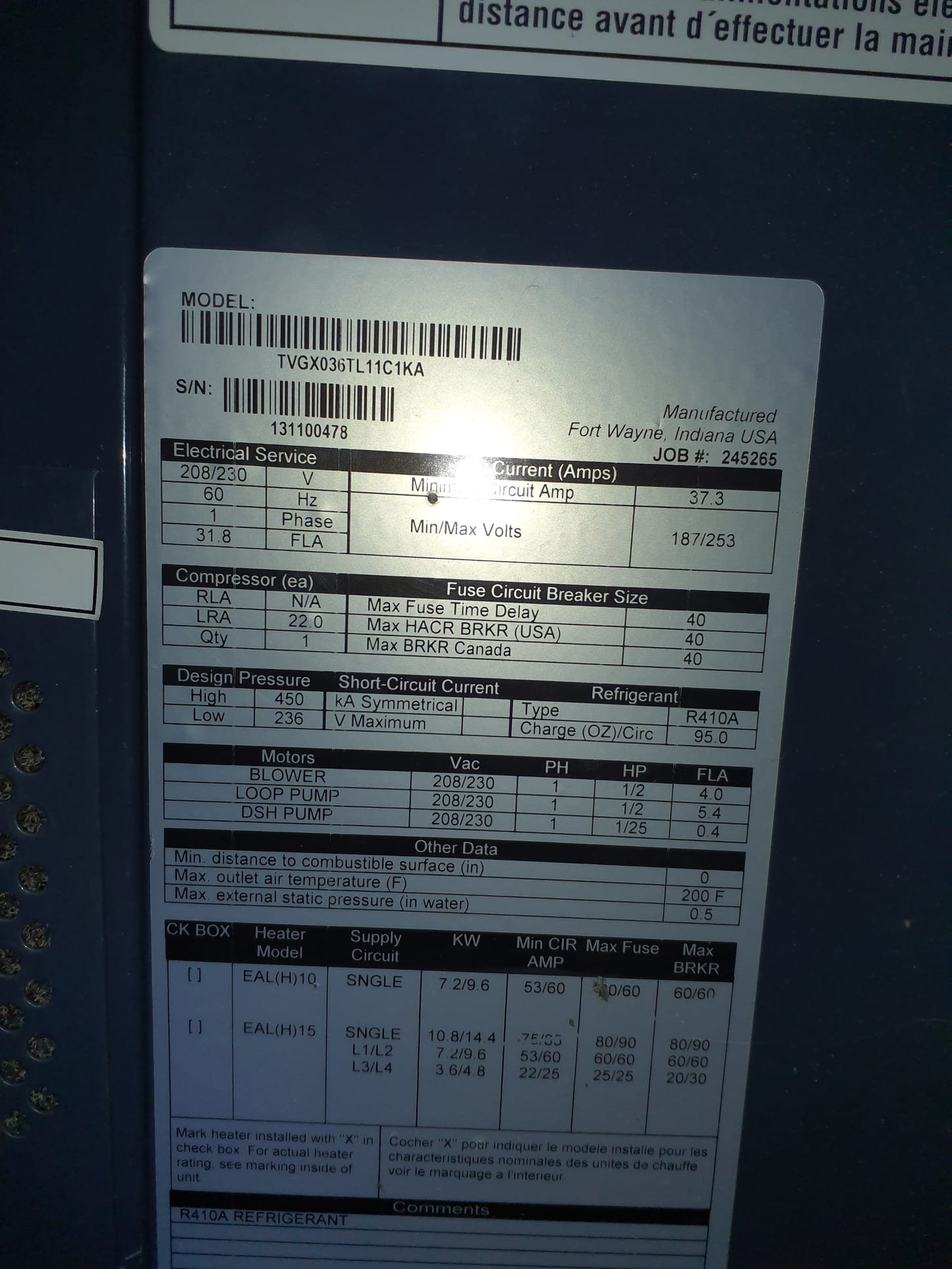 Performed heating maintenance on a Trane variable speed geothermal heat pump (WaterFurnace Series 7)
Air filter still in good shape
Replaced humidifier water panel (#35) and opened bypass damper
Air coil in good shape, no need for cleaning
Blower wheel in good condition
Auxiliary heater wiring shows no signs of overheating or corrosion
Tested humdifier operation, operating properly and no water leaks at this time
At compressor speed 11, system producing 19⁰ temperature rise (71⁰ return, 90⁰ supply)
Ground loop 32.5⁰ inlet, 27⁰ outlet
Waterflow sensor failed
Flow center pump 1.4A
Inverter drive 9.6A
Compressor section power supply wiring in good shape, no corrosion or signs of overheating 
No concerns found on today's visit other than waterflow sensor.  Sensor does not affect operation or efficiency of the system 
