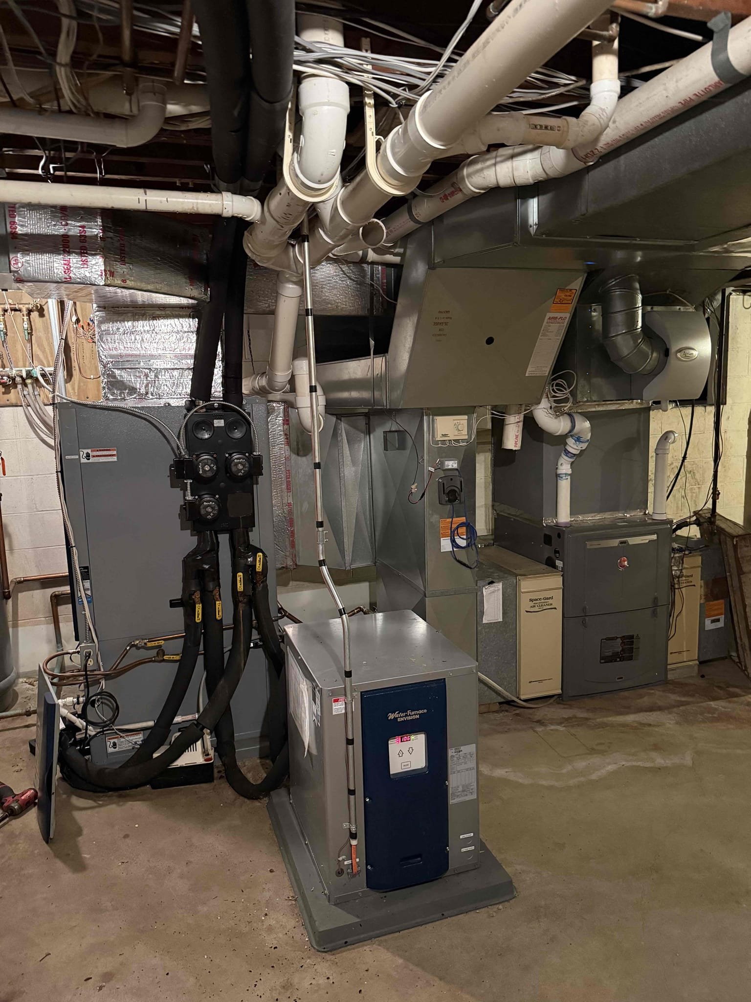 Upon arrival inspected system and found FP2 error on Tstat. Inspected Waterfurnace and found no major concerns with unit. Filter was clean and blower was operating no issues. After further inspection found 5 FP2 errors in the thermostat. FP2 relates to evaporator coil temp sensor reading below 30° it will shut the system down. But coil is running at 90° for heating no freezing happening. Bad FP2 sensor needs ordered and replaced under manufacture part warranty labor will be due