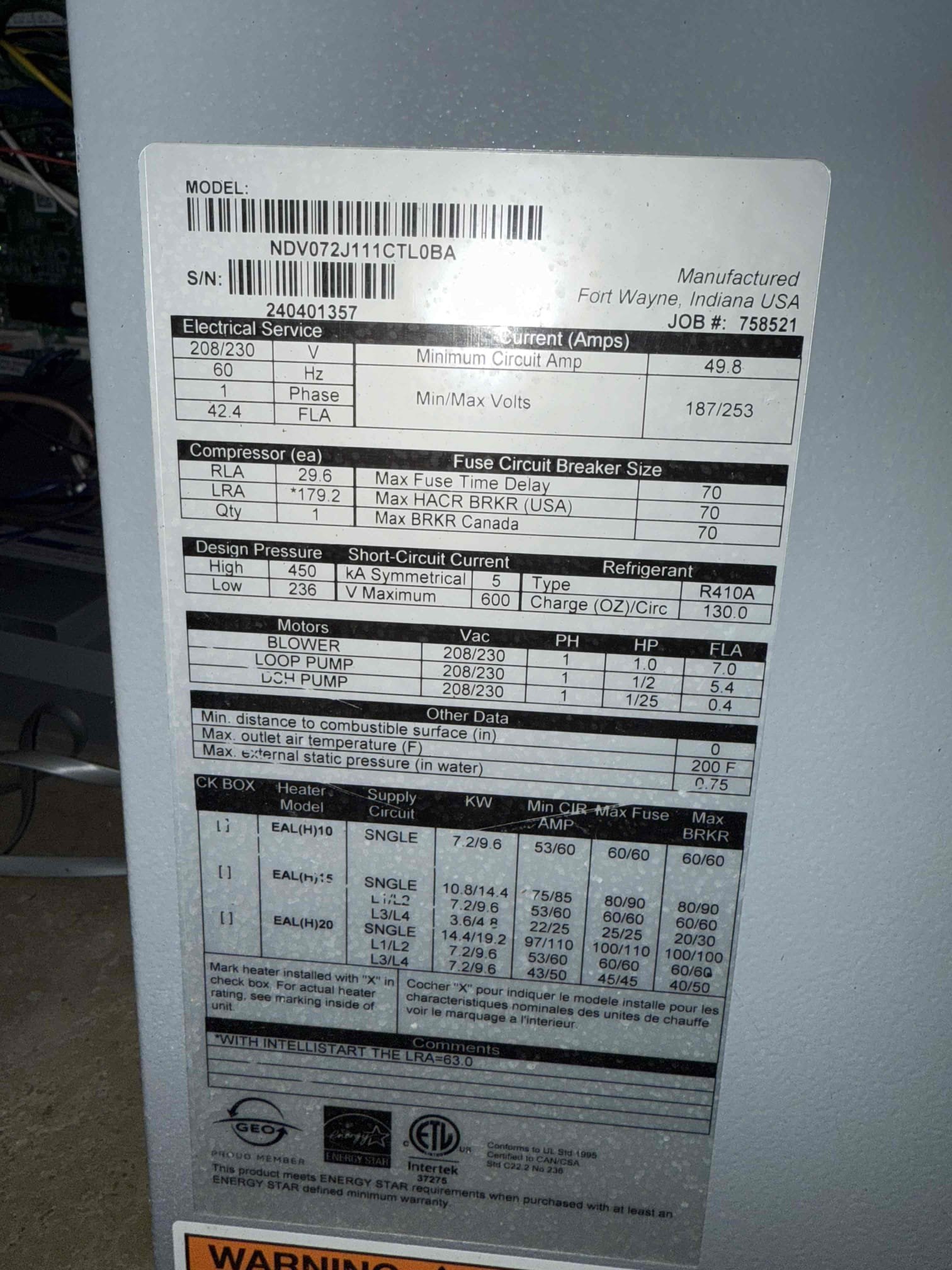 Upon arrival inspected system and found FP2 error on Tstat. Inspected Waterfurnace and found no major concerns with unit. Filter was clean and blower was operating no issues. After further inspection found 5 FP2 errors in the thermostat. FP2 relates to evaporator coil temp sensor reading below 30° it will shut the system down. But coil is running at 90° for heating no freezing happening. Bad FP2 sensor needs ordered and replaced under manufacture part warranty labor will be due