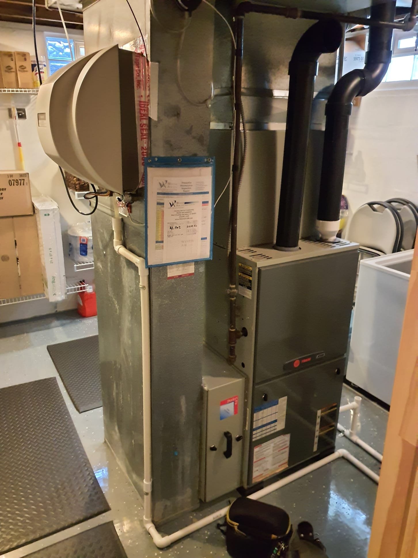 Converted service call to heating maintenance
Found high limit wire loose
Reconnected, furnace operating normally 
Performed heating maintenance 
Pulled flame sensor and cleaned
Pulled condensate trap and flushed with water 
High fire gas pressure set to 3.2"wc Temperature rise 62⁰
Low fire gas pressure 1.7" temp rise 49⁰
Inducer started backing up with water.  Cleared debris from the drain tubing
Double checked thermostat settings
System operating within spec at this time
Humidifier operating normally, no water leaks, water panel in good shape