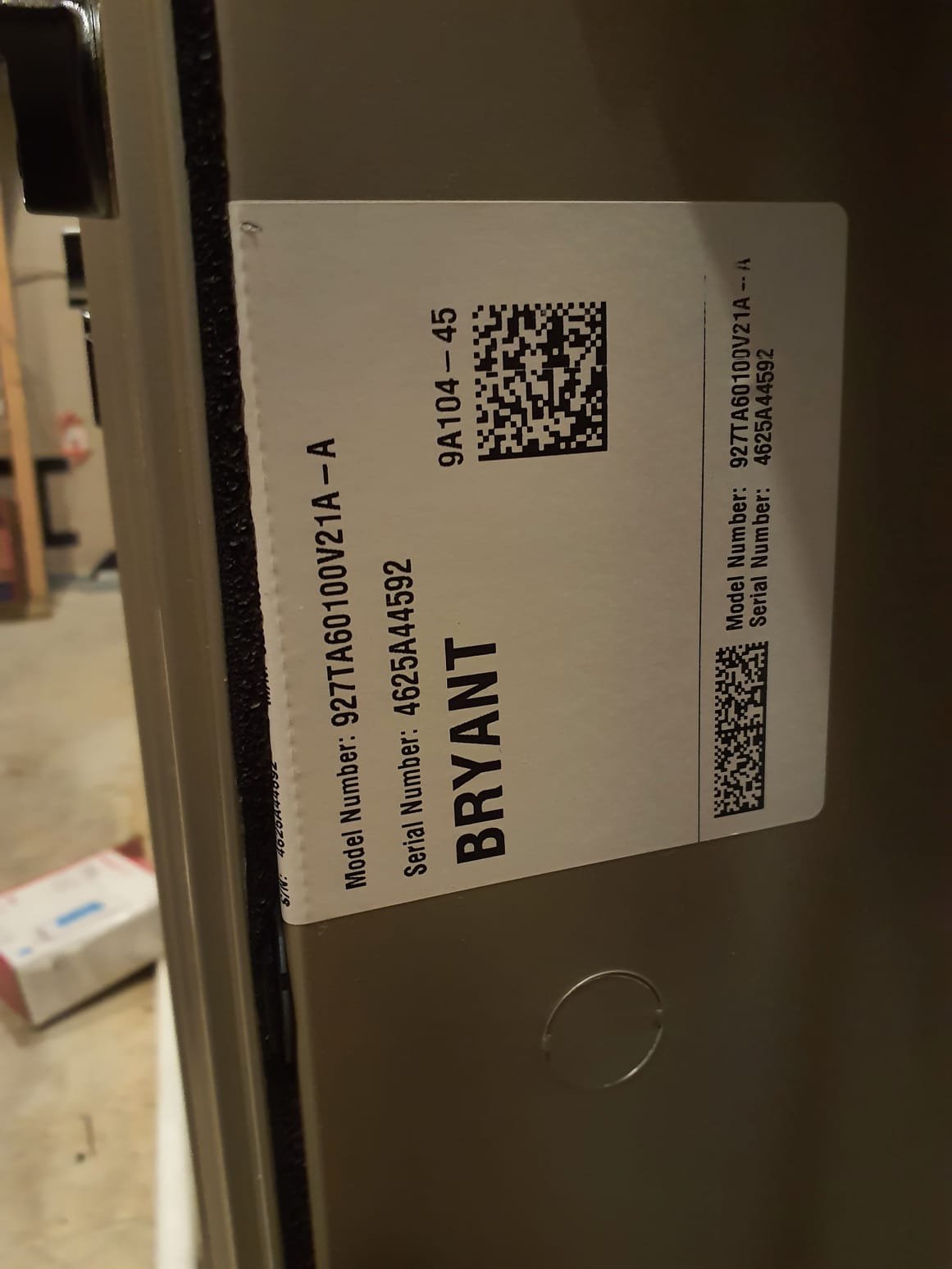 
SOLD: 12/05/2025 3:51:56 PM - Option 2

Install New Bryant HVAC System 
Bryant Preferred 96 2-Stage Gas Furnace
Model #: 927TA60100V21
Serial #:4625A44592
100,00 BTU's - 97% AFUE
Bryant Two Stage Air Conditioner
Model #: 148TAN06000WABAB
Serial #: 2825E11489
5 Ton - 17 SEER2
Puron Advance Refrigerant, R-454B
Matching Cased Coil: CVAVA6021XMAEAAA
Serial #: 1525J20898
 
Installation:
* Reconnect to existing gas line and high voltage electric
* Transition to existing supply and return ductwork
* Start up and commission new system
* Honeywell T10 Smart Thermostat
* Air Filtration - Aprilaire 1210 (20x25) Media Air Cleaner
 
Warranty:
20 Year Bryant manufacturers Heat Exchanger Warranty (Annual maintenance must be performed)
10 Year Bryant manufacturers Parts & Compressor Warranty (Annual maintenance must be performed)
2 Year Westin Air Labor Warranty (Annual maintenance must be performed)
