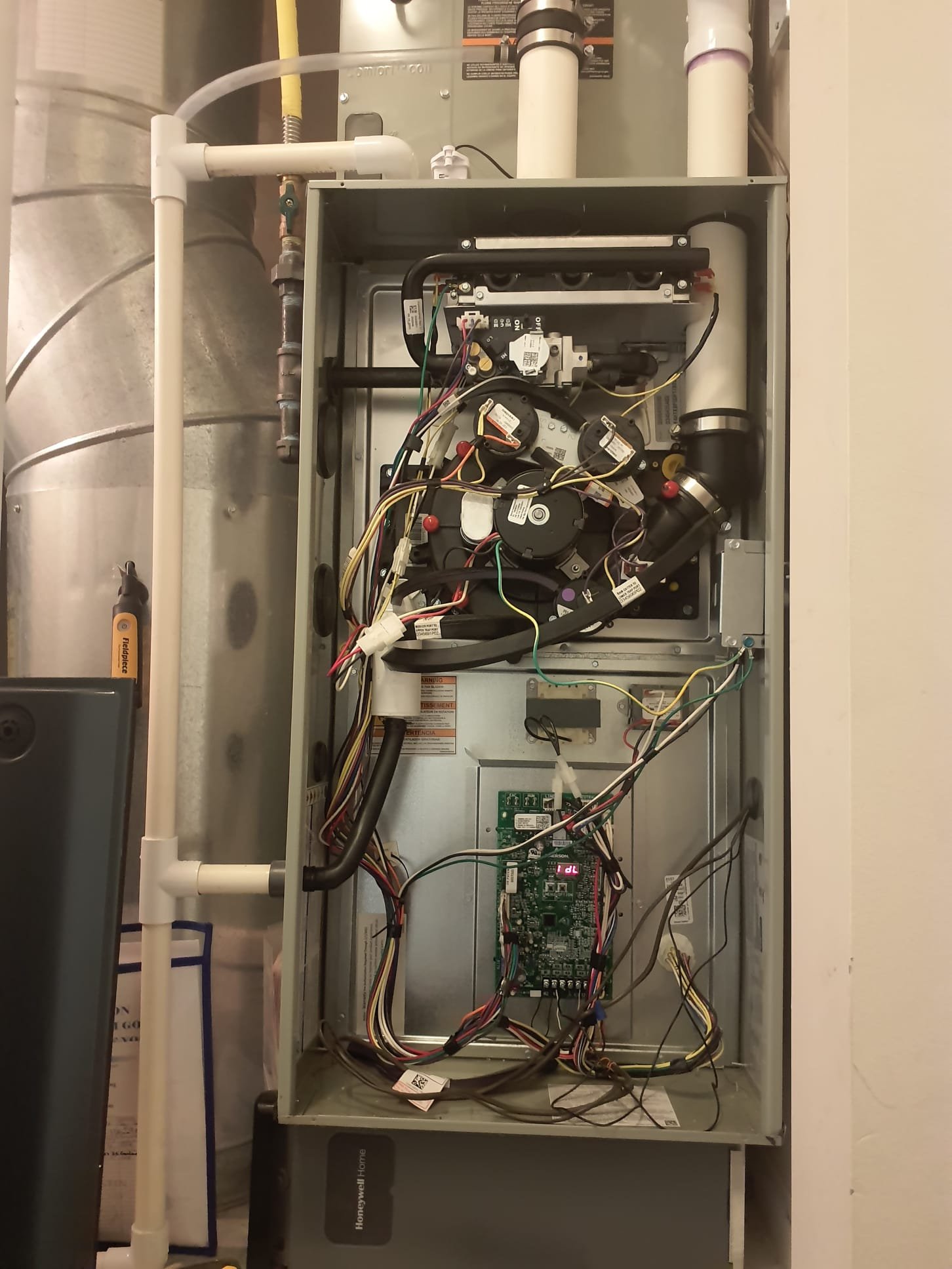 Performed heating maintenance on a Trane S9X2 two stage 96% efficient natural gas furnace 
Replaced 16x25x4 filter
Blew out Condensate trap
No signs of water leaks inside the furnace, external drain lines, or vent piping
Pulled flame sensor and cleaned
Burners in good shape 
Run tested furnace
Motor Amp draws within spec
No odd noises from either motor
High fire gas pressure 3.5"wc
Temperature rise 49⁰
Low fire gas pressure 1.7"wc
Temperature rise 42⁰
Temperature rise specification is 35-65⁰
No concerns found on today's visit
Furnace is operating within factory specifications at this time 