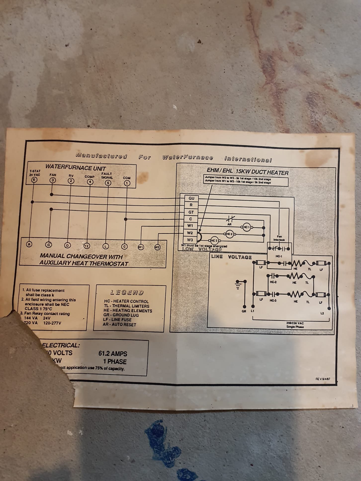 40 year old WaterFurnace geothermal heat pump
Heat pump not running 
Auxiliary heat not working 
Repaired multiple loose wires inside the unit
Getting 24V to the thermostat but nothing out of it despite displaying an active call for heat
Replaced thermostat
15kw heater has one bad heat strip,  so only 10kw functional
One relay is bad, as well
Moved good relay from the failed heat strip to the other good heat strip
Verified correct auxiliary heat operation 
Heat pump functioning properly now, too