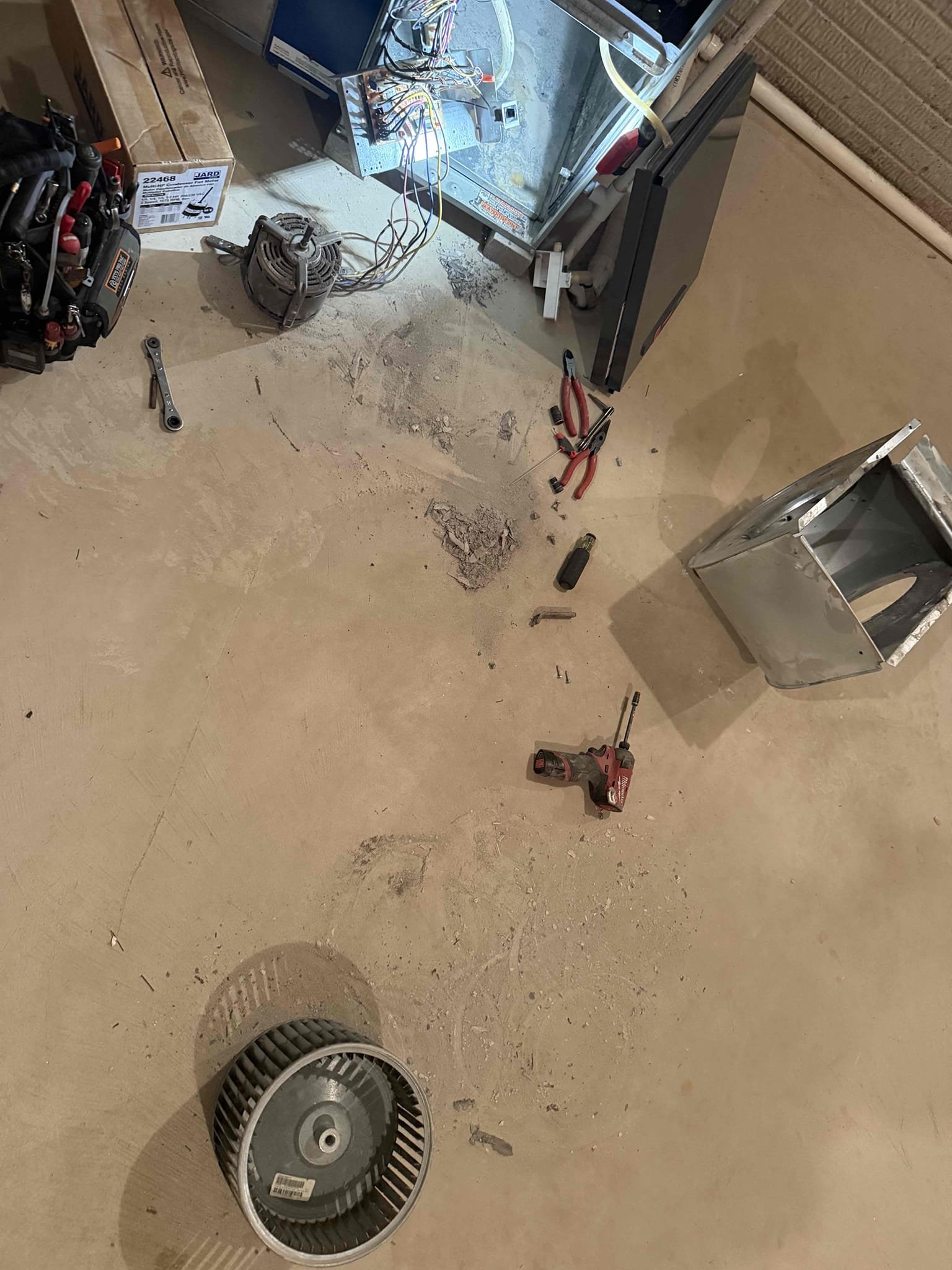 Upon arrival inspected system and found inducer motor was seized and not operating. Quote replacement inducer motor and test run system, furnace blower not cycling after heat up cycle. Blower getting power but will not come on. Capacitor 10mfd @ 10mfd motor bad and needs replaced. Will have to return tomorrow to replace furnace blower motor. 


Remove and replace blower motor test run heat. Clean blower wheel and housing of dust buildup due to electronic air filter. No concerns post repair