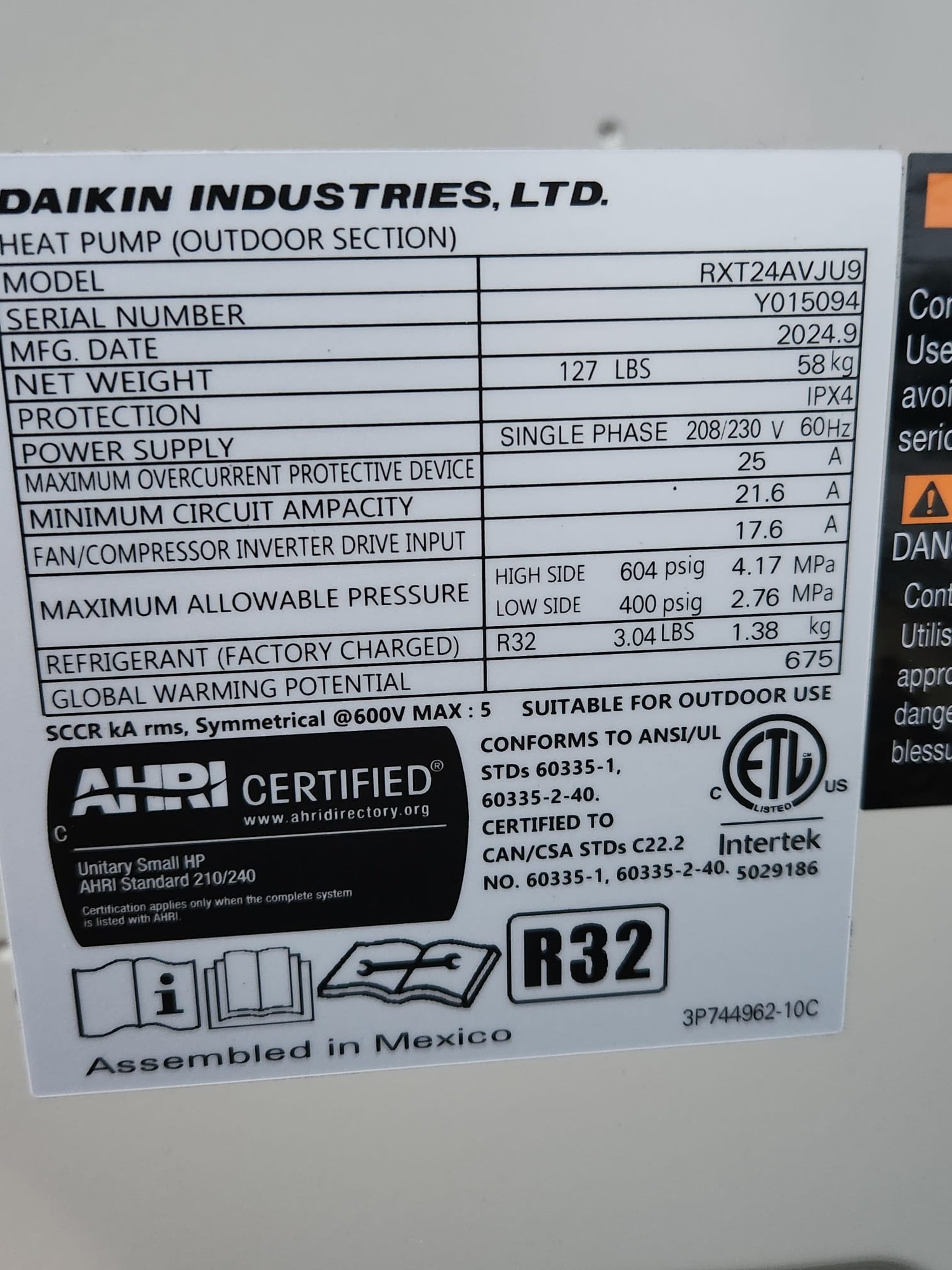 
Install new Daikin ductless systems.
Equipment:
*Large Room - Daikin Aurora R-32 2 ton single head system
  -Indoor Model# RTX24AVJU9 Serial: Y015094
  -Outdoor Model# FTXV24AVJU9 Serial: Y014167
*Two Offices - Daikin Aurora R-32 1.5 ton two headed system
  -Indoor Model#1 FTXV09AVJU9 Serial: Y288620
  -Indoor Model #2 FTXV12AVJU9 Serial: Y158032 
  -Outdoor Mode l # 2MXTH18AVJU9 Serial: Y003913

Installation includes:
*(3) Wireless remote control
*All Refrigerant line sets
*(3) Condensate pumps and drain to exterior
*High voltage and control voltage from outdoor unit to indoor unit
*High voltage circuits to outdoor units

Warranty:
12 Year Daikin manufacturers parts warranty
2 Year Westin Air labor warranty