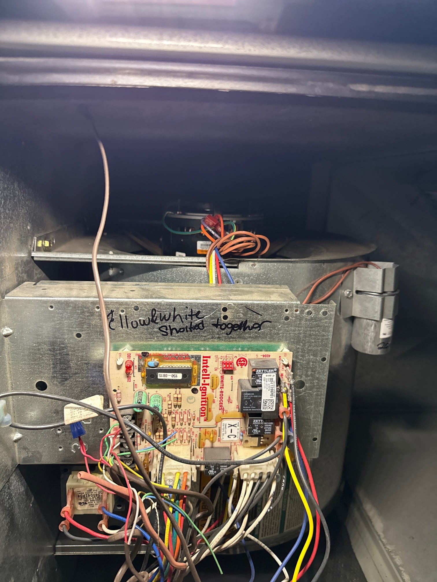 Remove and replace blower motor and replace thermostat due to unit running cooling and heat at same time. test run heat. Perform combustion analysis - unit passed 15 co 30coaf verified heat safe for operation due to unaware of exact circumstances furnace gas was shutoff. No concerns post repair unit heating as expected 