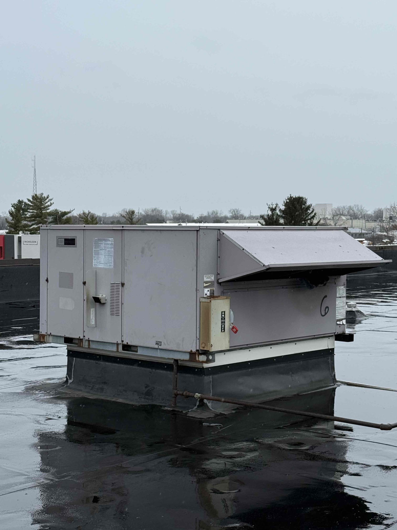 Diagnostic to determine cause of annunciator beeping and trouble signal labelled RTU3. 
Inspected systems and found no RTU's on the roof as labelled with #3 after further diagnostics it is likely caused by RTU #2 on the roof having no high voltage triggering a trouble signal in the Alarm panel. Pushed reset on the alarm panel but did not clear the trouble signal. Recommend contacting alarm company to clear trouble signal if no high voltage will be applied to RTU#2.

While we were on the roof, RTU #6 was operating with extreme high levels of carbon monoxide (over 2000 PPM). The disconnect has been shut off and  the unit should not be operated. Due to the age and condition, we recommend replacing RTU6.