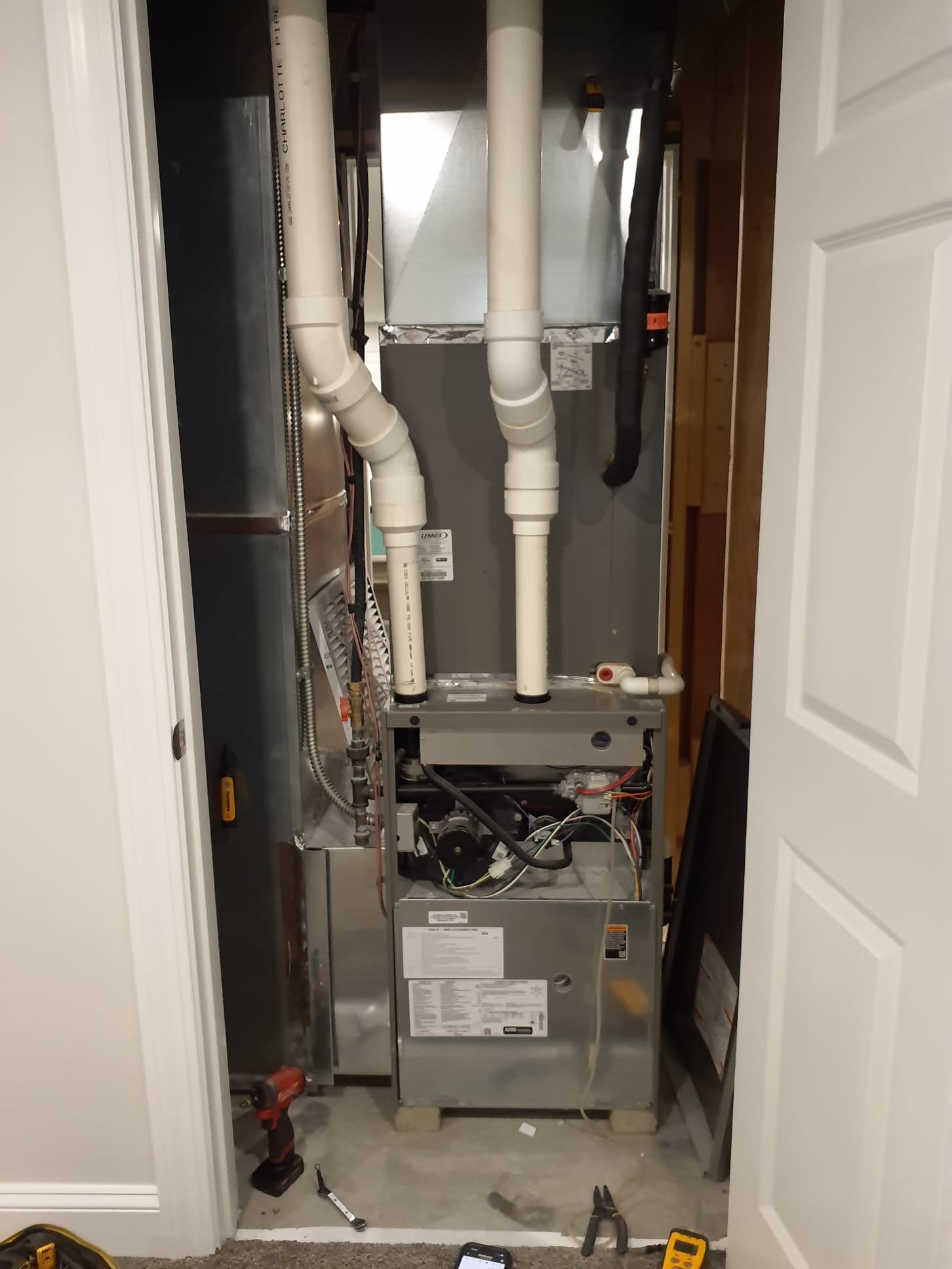 Performed heating maintenance on two 2016 Lennox 93% efficient single stage natural gas furnaces

Smaller furnace is 70,000btu
3.5"wc 54⁰ temperature rise

Larger furnace 110,000btu
3.5"wc 55⁰ temperature rise 

16x25x1 and 20x25x1 filters are in good shape, left the ones we provide at the furnaces
Pulled and cleaned flame sensors
Checked Condensate lines 
Inspected vent piping
Larger furnace does have some intake condensation evidence, burners may eventually need replaced 
Discussed adding an intake drain, declined for now
Checked and adjusted gas pressures to factory spec
Temperature rises within factory specs
Blowers are a little dirty, but not to the point of affecting performance
Intake screens are clear
No signs of water leaks inside or around the furnaces
No concerns found on today's visit
