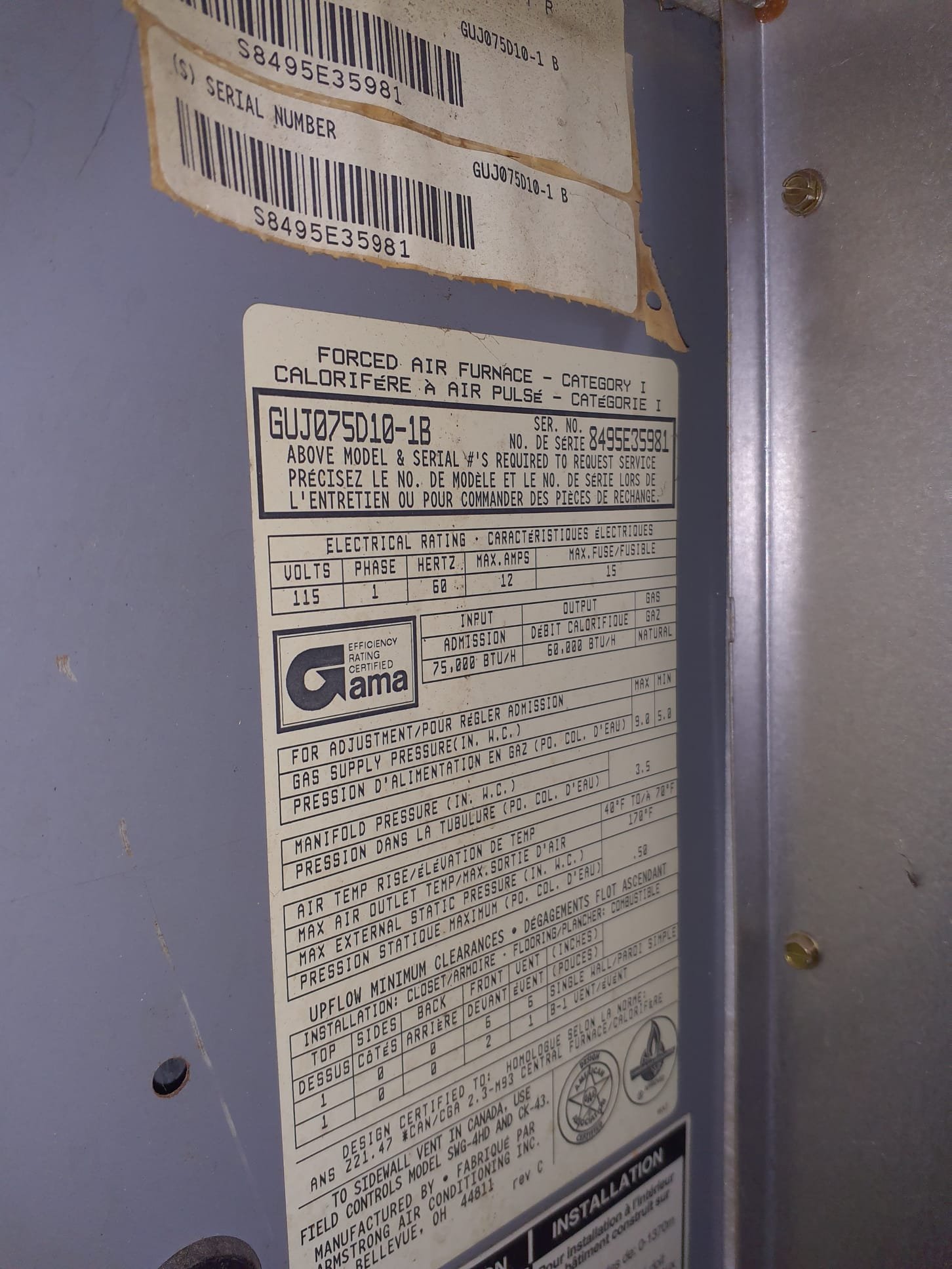 1995 Armstrong Air furnace is in poor condition. Cause of no heat is a failed exhaust motor. 
Replace failed OEM inducer motor with new OEM inducer motor. Test run operation. System is operational at this time. 