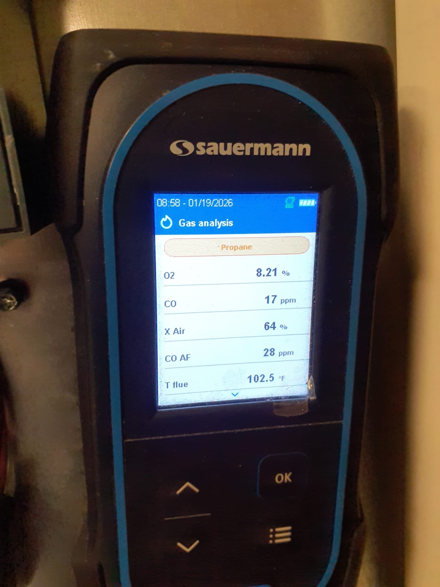 Performed heating maintenance 
Humidifier water panel OK
Set humidity to 30%
Replaced 20x25x4 filter
Gas pressures 3.5/+1.7
Temperature rise 53⁰
Ran combustion test
Cleaned flame sensor
Blew out Condensate trap

No concerns found on today's visit