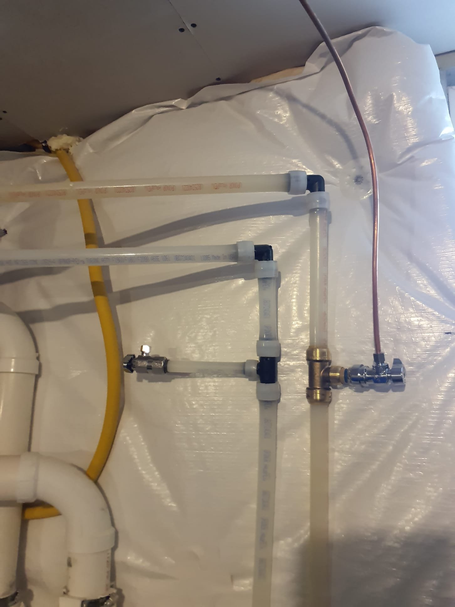 Change humidifier water supply from cold to hot water. Shut off and drain hot water. Cut water line and install t-fitting and water valve. Turn on water and check for proper operation and leaks. System is setup with hot water now. 