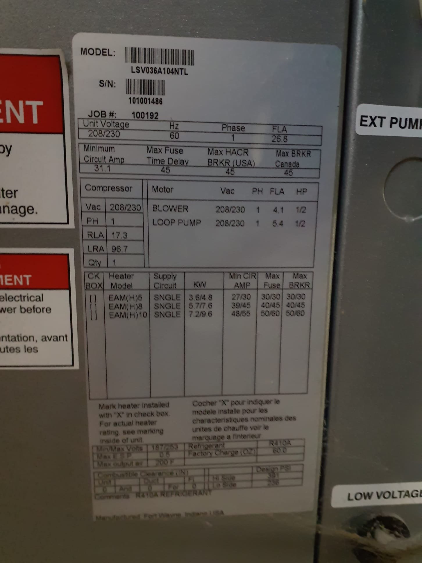 System has a failed 45uf capacitor for compressor operation. Replace failed capacitor and test run in heating mode. No other issues found or suspected during testing. 
Geothermal maintenence plan includes two visits for maintenence. Once in the spring for checking geothermal operation, and once in the fall for checking electric heat strips operation. 