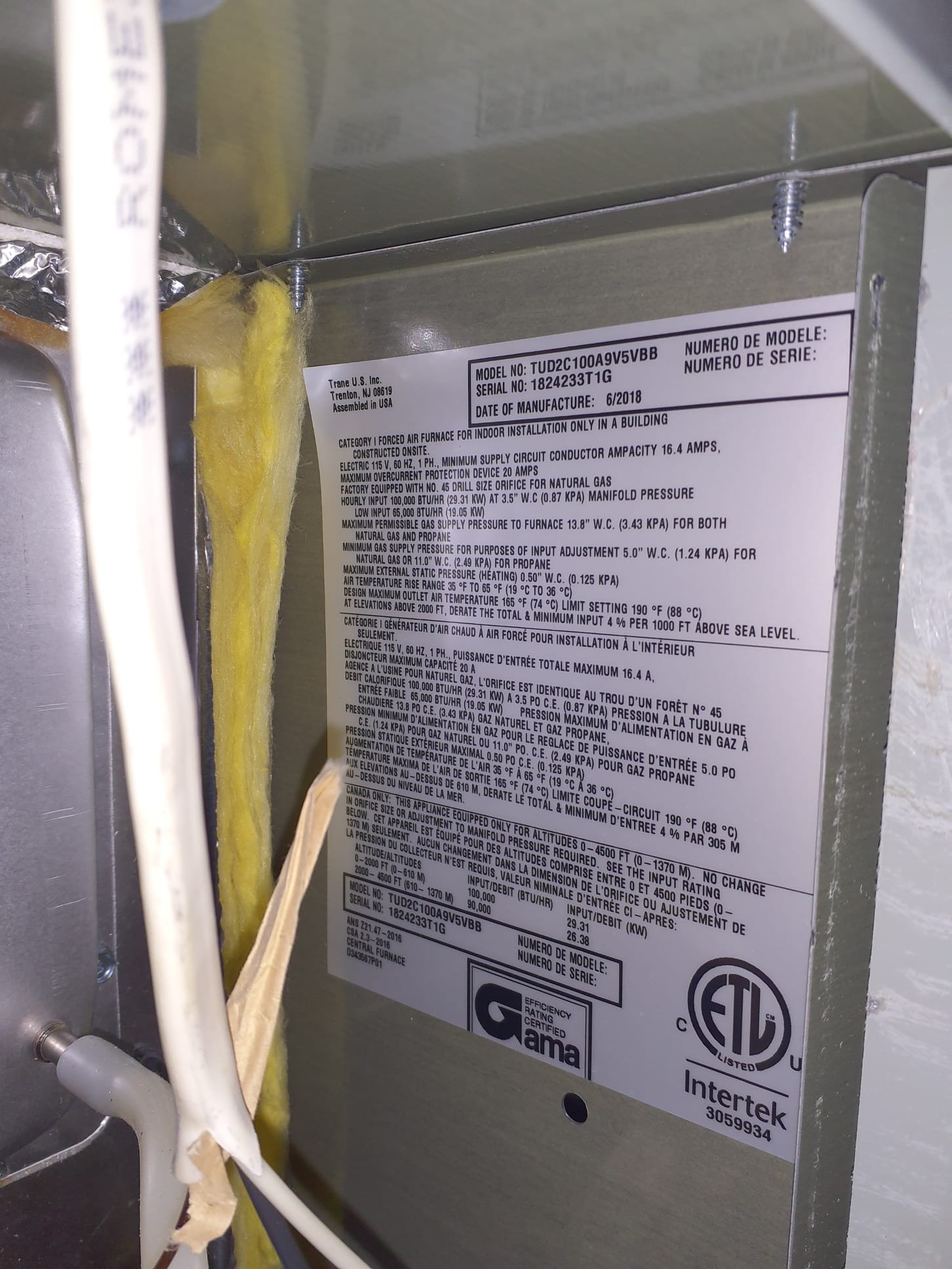 2018 Trane XV80 furnace running in good condition. 20x25x4 air filter in good condition. Clean flame sensor and check ignitor. Visual inspection of burners. Test run in both heating stages. Both stages are operating properly and within specifications for temperature rise, and gas pressure. Blower and inducer motors tested good. Galvanized B-vent is in good condition and no sign of rust. 0PPM CO detected during testing. System is operating properly, efficiently and ready for Winter. 