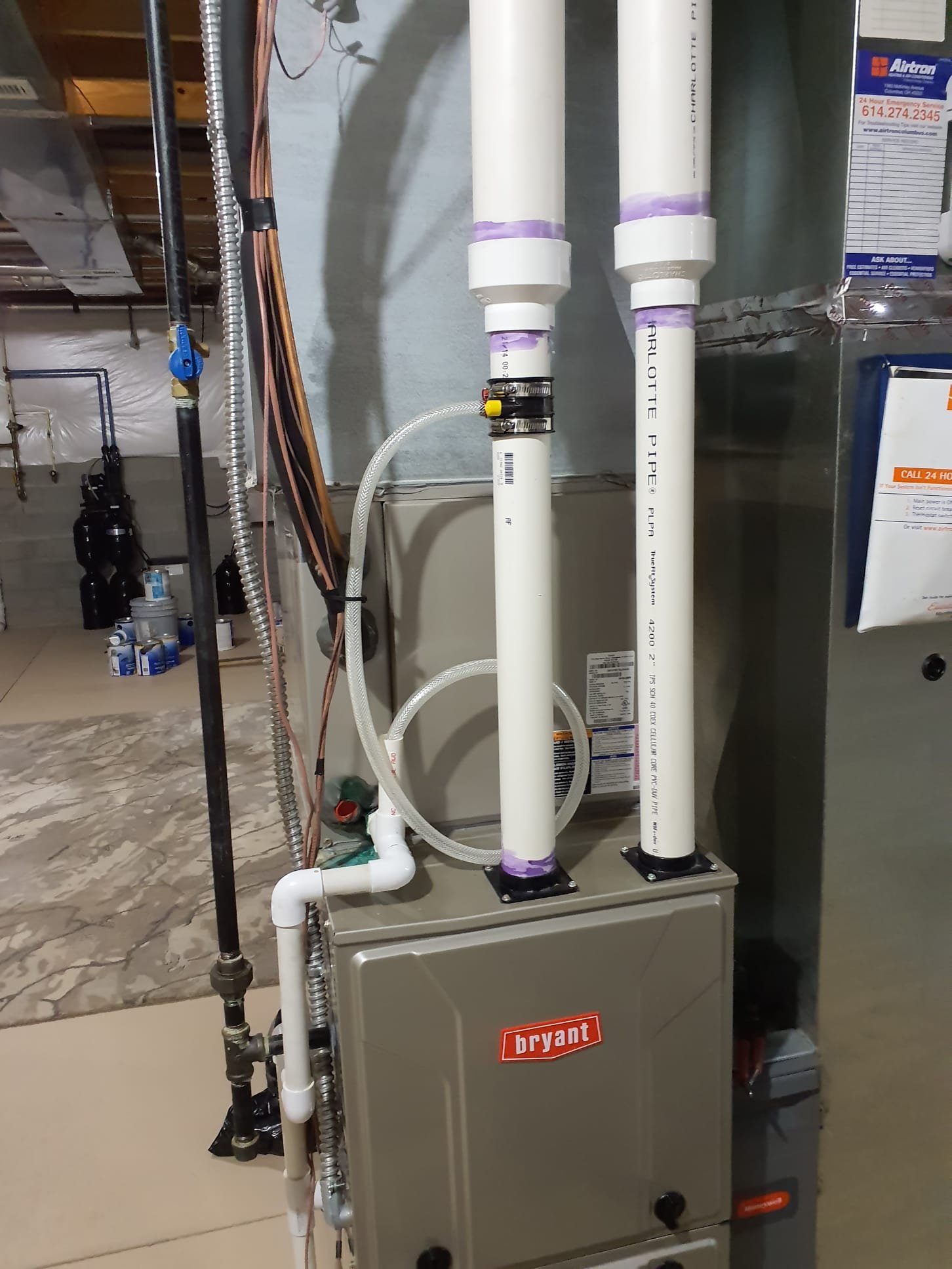 Replace water fitting on humidifier water supply - water line cpvc 3/4. Reconfigure furnace wiring for humidifier to be controlled with heat. Install 2” drain trap on and install T fitting for drain on 3/4 pvc drain. 