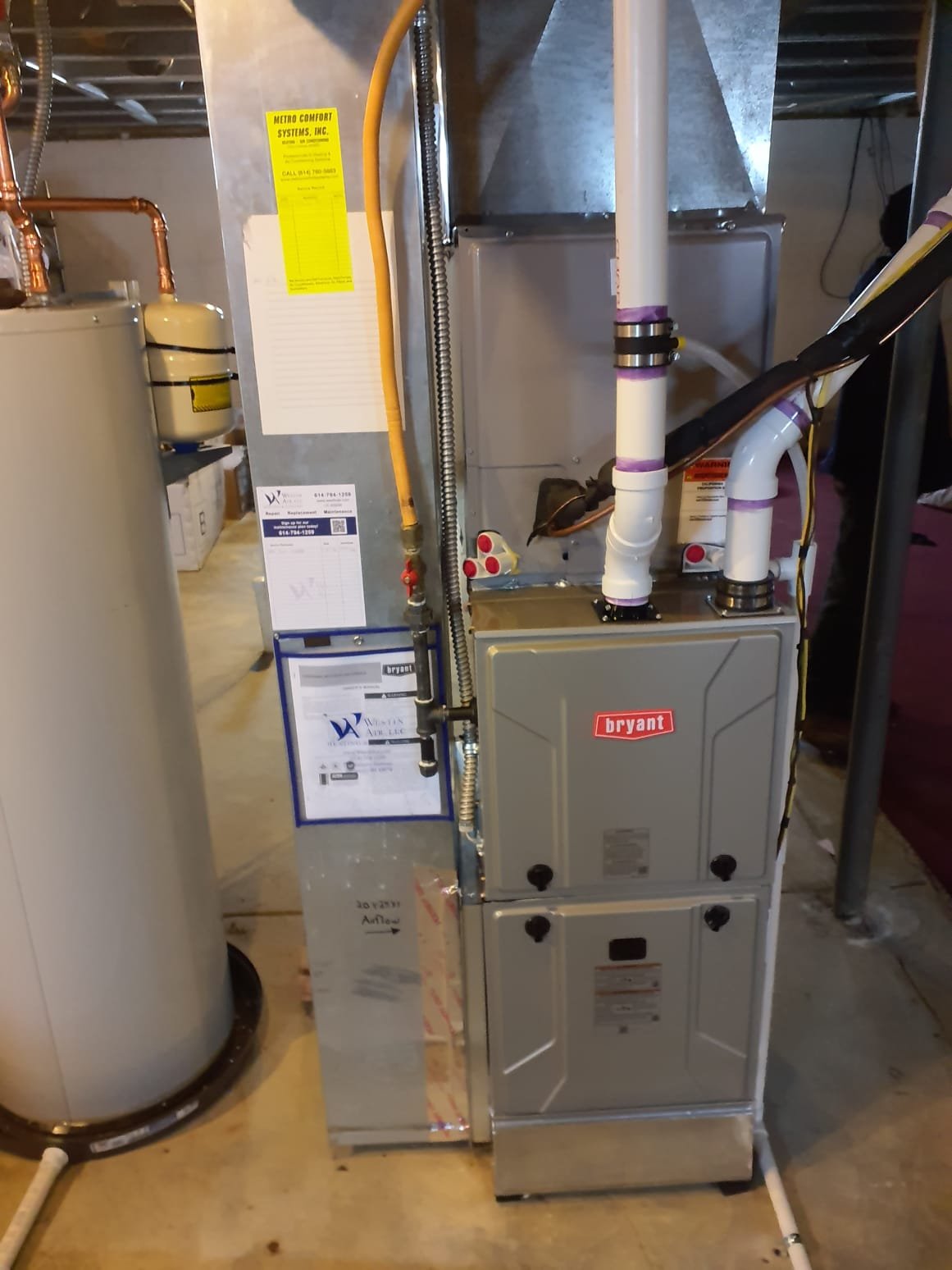 
01/23/2026 9:51:37 AM - Option 1

Install New Bryant Single (2) Stage Gas Furnace
Model #: 927TA48080V17
Serial #: 
80,000 BTU’s - 97% AFUE
 
Installation:
* Additional Services - New PVC furnace vents. Level 2 
* Reconnect to existing gas line and high voltage electric
* Transition to existing supply and return ductwork
* Start up and commission new system
* 1" Standard Filter Rack
 
Warranty:
20 Year Bryant manufacturers Heat Exchanger Warranty (Annual maintenance must be performed)
10 Year Bryant manufacturers Parts Warranty (Annual maintenance must be performed)
2 Year Westin Air Labor Warranty (Annual maintenance must be performed)
