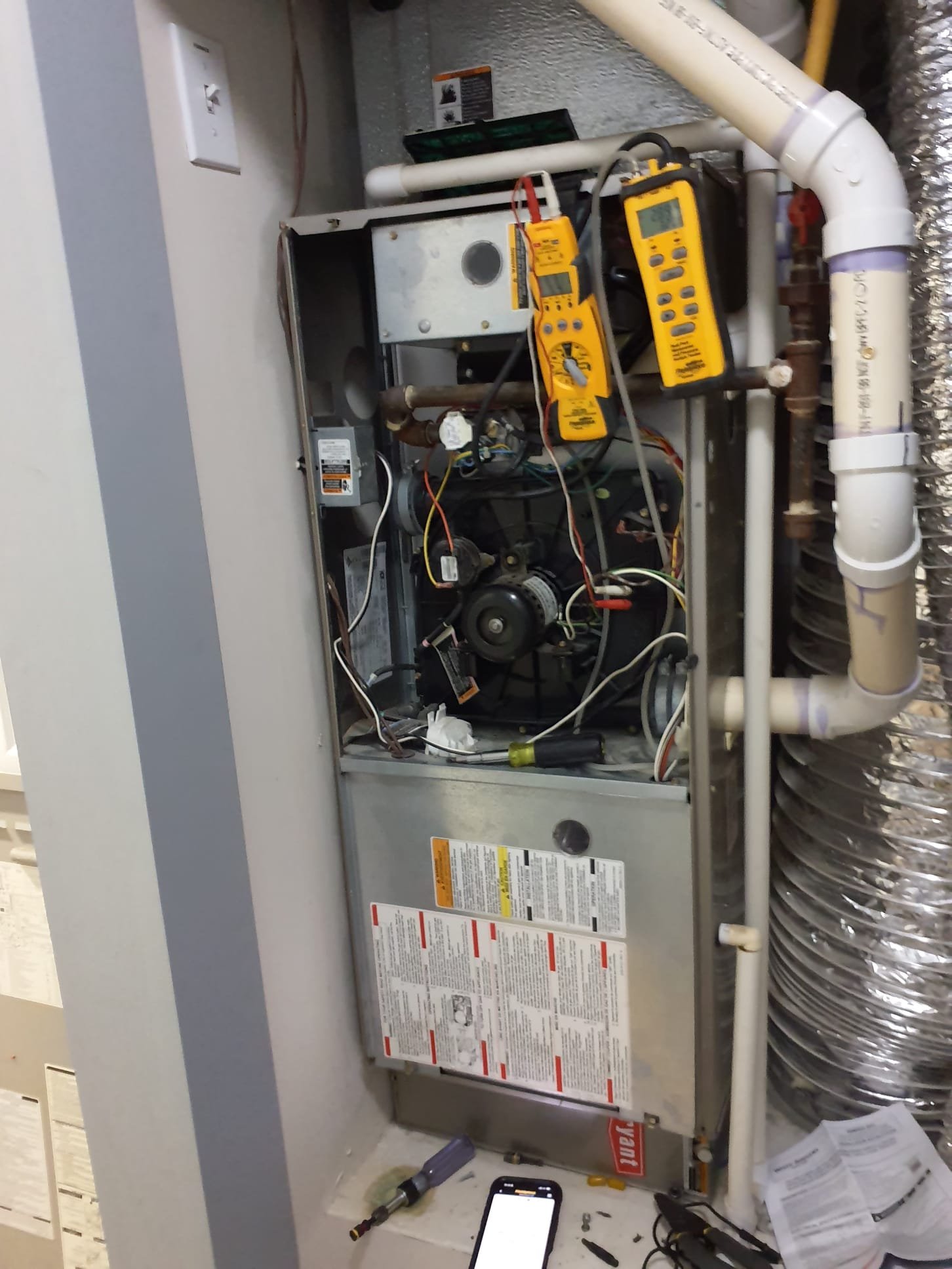 Furnace throwing high limit lockout fault (13)
Adjusted temperature rise to maintain a steady 52⁰
Furnace would run 10 min or so and go into a 13 fault, never showed a 33 fault (33 fault MUST occurr before the 13 fault shows up)
Sometimes it would be right back to a 13 fault after resetting the power 
While this was happening, using a volt meter, the high limit circuit was being monitored.  Not once did the limit circuit actually open up when the 13 fault would occurr.

Replaced control board
Due to age and alleged history of refrigerant top off every summer for the past 5 years, recommend replacement of the system. 