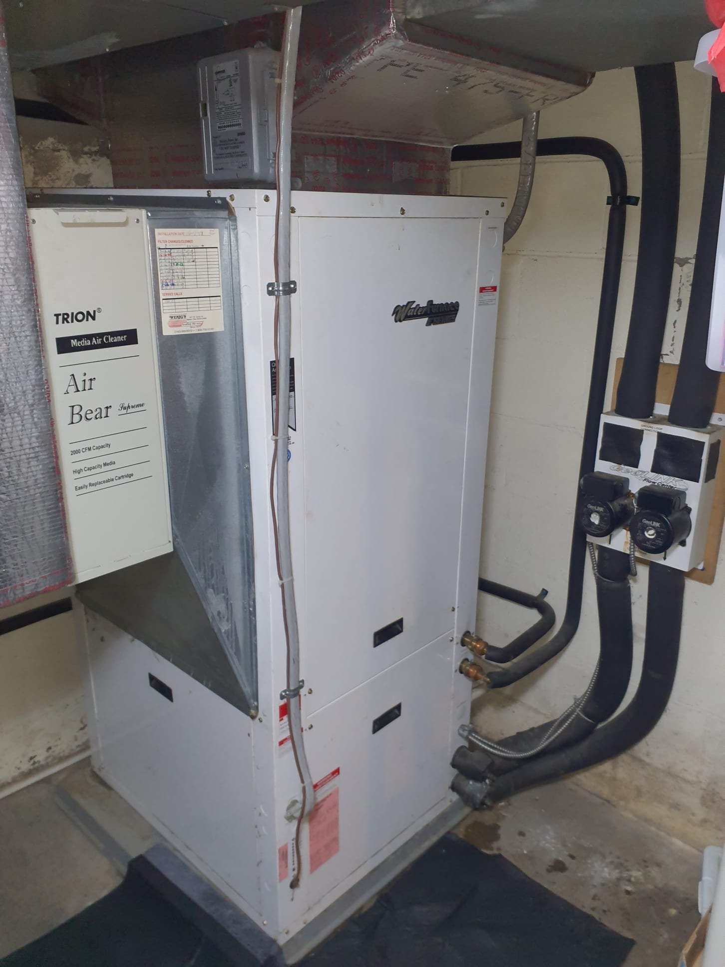 Inspection of geothermal unit shows that domestic water line portion of geothermal hot water generator setup is leaking water. Shut off water supply lines to geothermal and turn off HWG switch. This will not hinder geothermal operation. Test ran system in geothermal heating. No other issues with geothermal heating were found or suspected. Cathy will be notified to draw an estimate for full system replacement since the current repair in not possible.