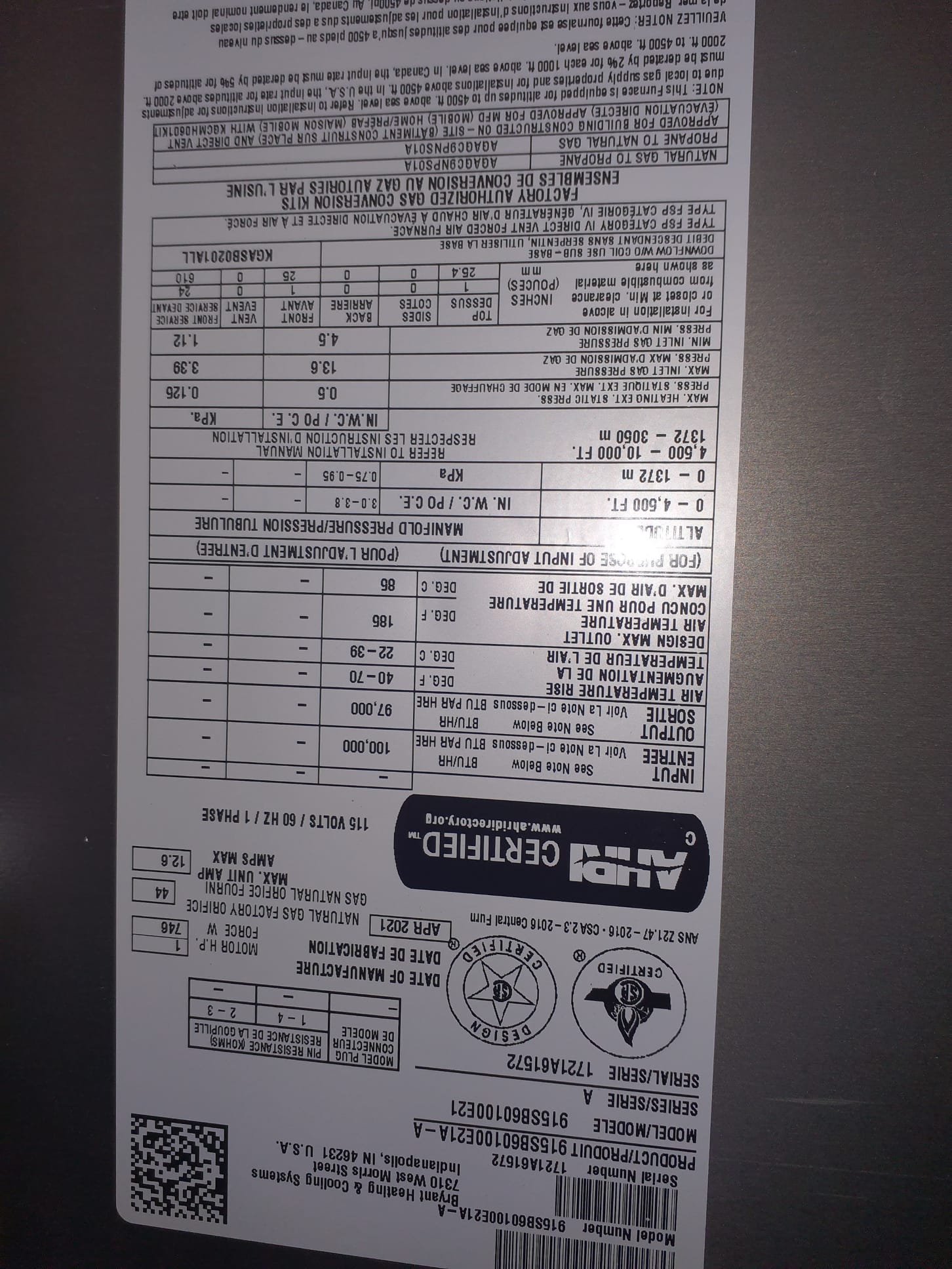 Preventative maintenence inspection on 2021 Bryant Gas furnace running in great condition. 20x25x4 washable air filter in clean condition. Clean flame sensor and check ignitor. Visual inspection of burners. Flush condensation trap and drain lines. Run test unit in gas heating mode from thermostat. Temperature rise is within specs. Manifold pressure is within specifications. Blower and inducer motors tested good. Pvc flue vents in good condition and no sign of leaks. 0PPM CO detected during testing. System is operating properly, efficiently and ready for Winter. 