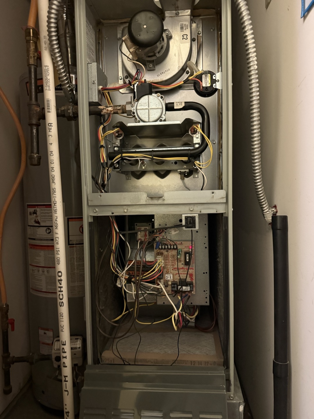 Upon arrival inspected furnace and found no current concerns while running, furnace only makes screeching noises when stopping and starting, PSC blower motor needs replaced or full furnace replacement depending on Laurie’s preference.  

Remove and replace PSC blower motor and install 7.5 capacitor setting up for 1/3 horsepower. Test run unit verify proper operation. 