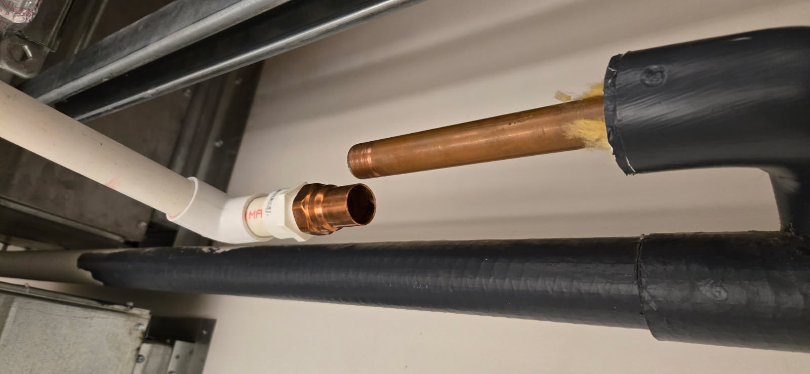 Fixed the drain on geothermal unit. Put a sharkbite female fitting to transition between copper and pvc.