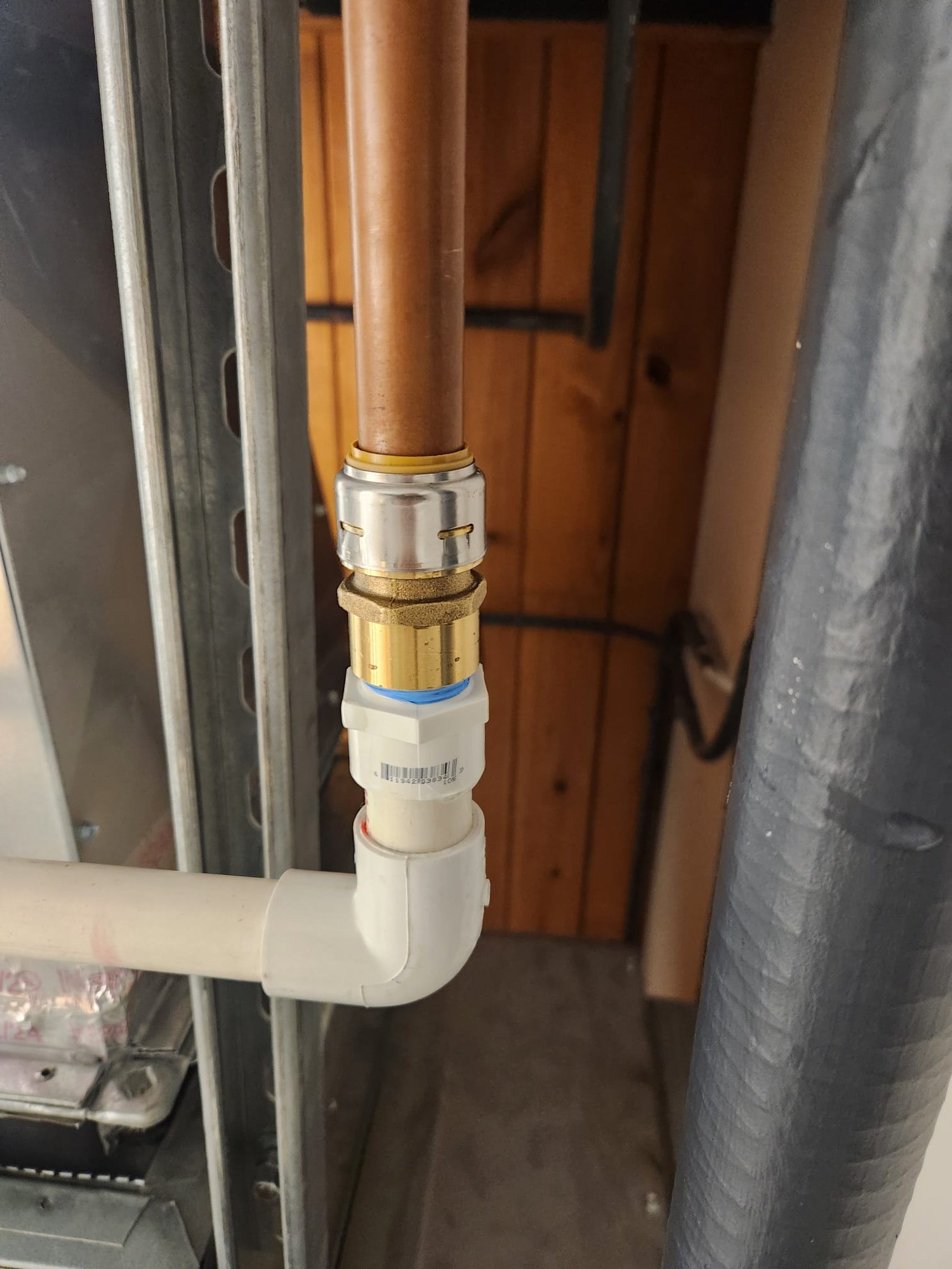 Fixed the drain on geothermal unit. Put a sharkbite female fitting to transition between copper and pvc.