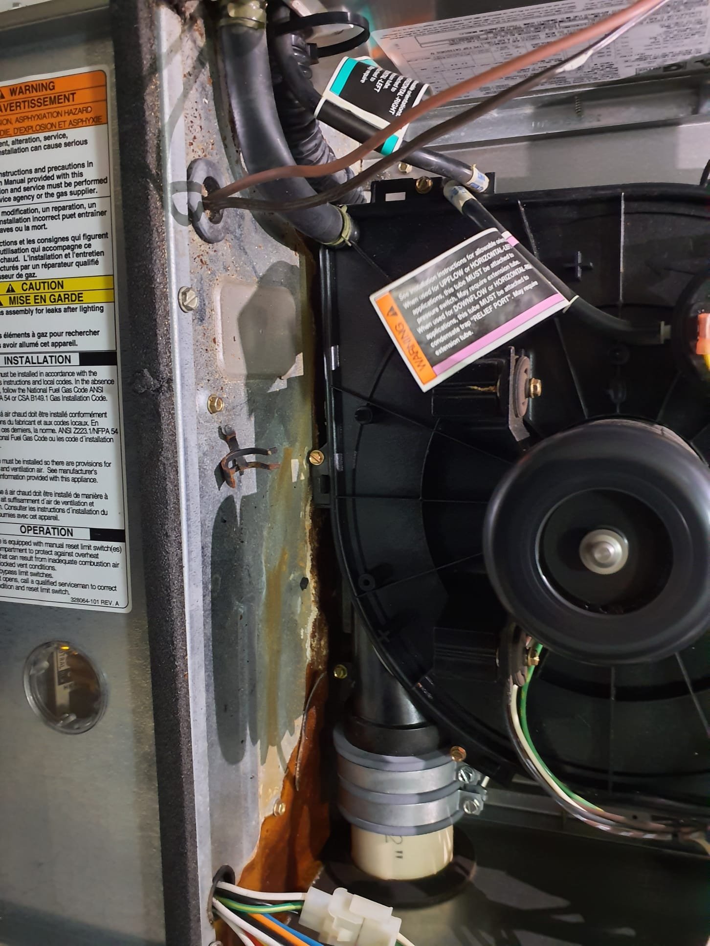 Preventative maintenence inspection on 2008 Bryant high efficiency furnace running in good condition despite age. Air filter is in decent condition. Check again in 1-2 months. Clean flame sensor and check ignitor. Visual inspection of burners. Flush condensation trap and drain lines. System had a water leak internally due to broken drain hose clamp. Replace hose clamp to ensure no leakage. Informed tenant to keep an eye out for water leaks. Test ran system in heating mode from thermostat. Temperature rise is within specs. Blower and inducer motors tested good. Pvc flue vents in good condition and no sign of leaks. 0PPM CO detected during testing. System is operating properly, safely, and ready for Winter. 