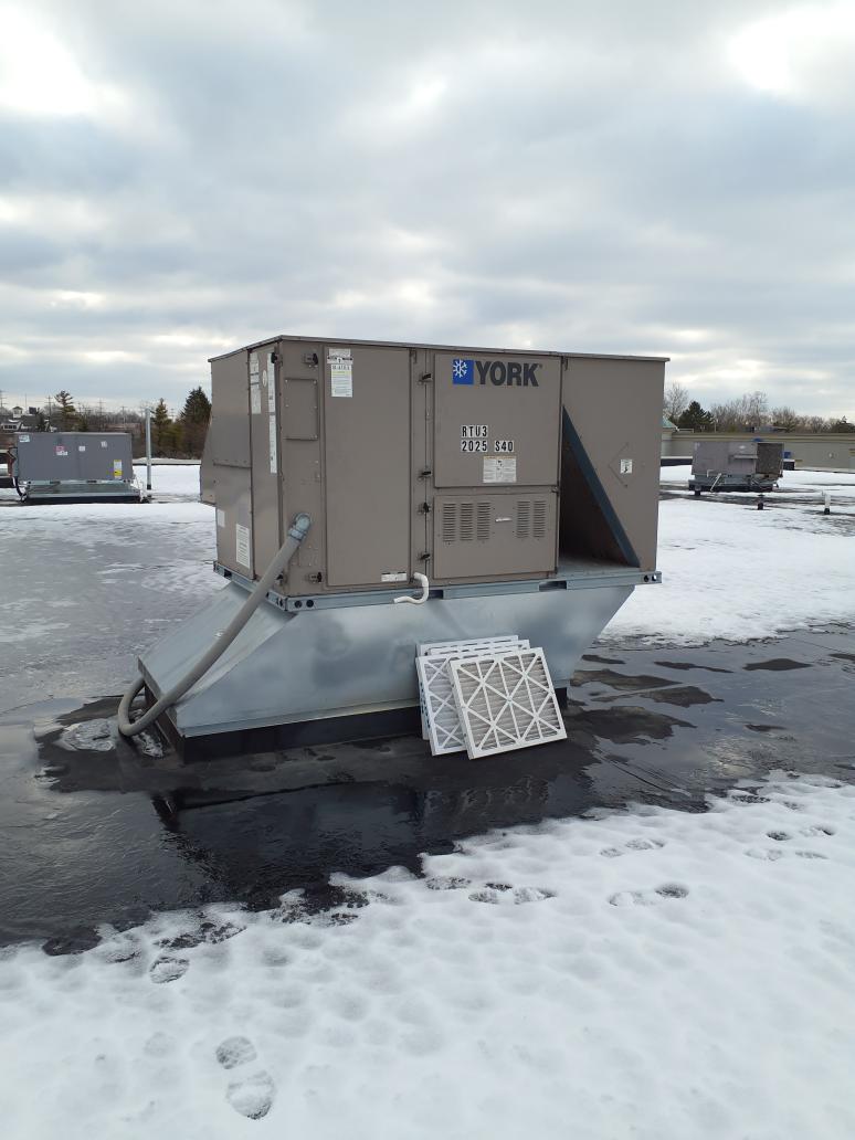 Performed heating maintenance on two York rooftop heat pump systems
Replaced filters 
Checked belts
Checked coil conditions 
Checked blower bearings 
Checked compressor operation 
Checked wiring 
Tested both systems in heating mode
No concerns found on today's visit