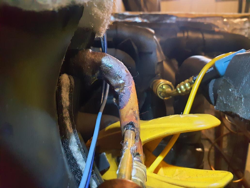 System low on refrigerant again
Pressurized with nitrogen
Leaking on the Compressor discharge port
Re-brazed joint
Pressure tested for 30 minutes at 400psi
0.0psi drop
Evacuated system
Weighed in refrigerant charge
Gave unit final charge via operating parameters vs charging chart in the product manual