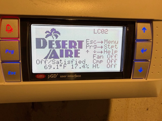 Multiple issues to address upon arrival, inspected observatory and found no hot water going to 2nd level for observatory or kids wing. Inspected boilers and units were in burner lockout status. Restarted boiler with Ralph’s permission and verified heating reaches 2nd floor post restarting boilers. Units heating up stairs now and humidity should come down with operation, set point for thermostat at 40%. No dehumidifiers on 2nd level basement units all at 50% for dehumidification. Master humidifier is at 40% and functioning. Beauty salon humidifier was not running, turned humidifier on for salon. Adjusted blower speeds on master system to minimum allowed set point to reduce as much blower noise as possible. 
Dessert air system tripped on high pressure error. Found no concerns with dessert Aire after restarting unit.  