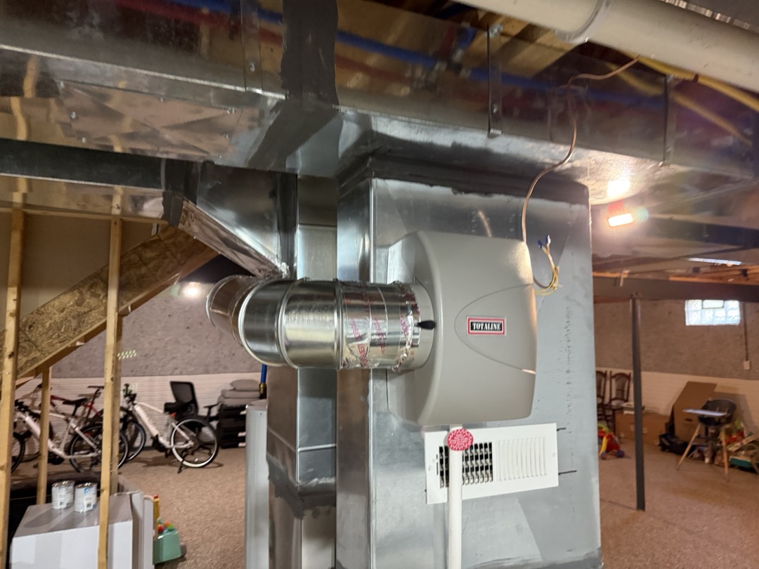 Install humidifier, run drain for humidifier and water supply. Wire into furnace control so unit runs with furnace while humidity demand is present from humidistat. Ecobee could not run the humidifier 