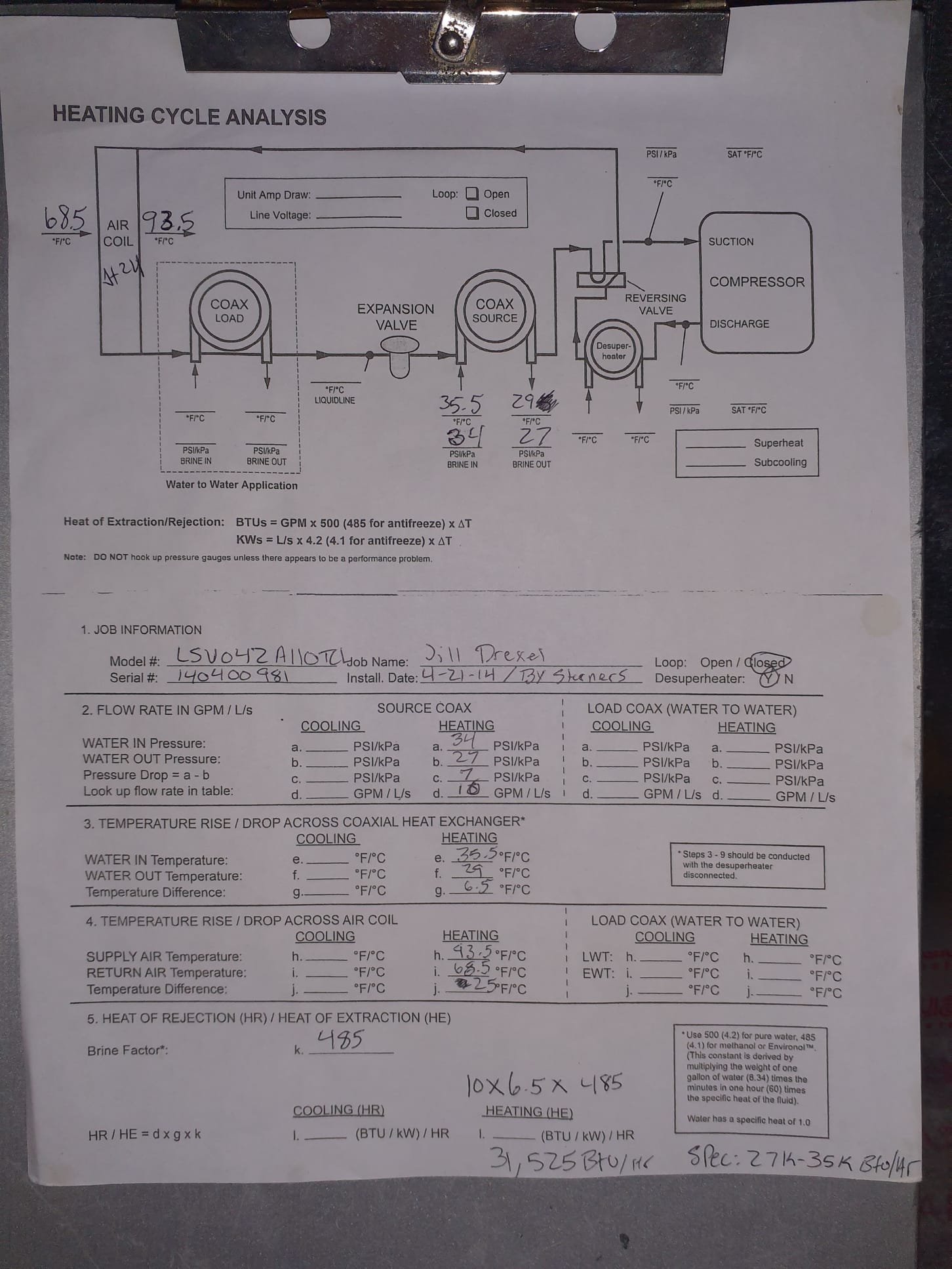 Performed an operation test on the Waterfurnace Legend unit to check for any out of specification measurements. Performed a heat of extraction worksheet to measure heating BTU output and efficiency. Heat of extraction shows that the system is outputting 31,525BTU/Hr. Waterfurnace specifications list the BTU/Hr output at 30F ground water temperature to be between 27,000 and 35,000 BTU/Hr. Compressor is running at 15A and is within specifications. Blower motor is running at 3A and is within specifications. Performed an operation test on emergency/auxiliary heating strips. Both heating strips are running at the proper 20A. Shut down heat stips to verify that the heat stips are not stuck on or shorted out. 0A reading when off. During operation test of geothermal, the only abnormal reading was the ground loop pressure. Ground loop pressure is currently at 20psi dormant. Ground loop pressure should be within 60-80PSI per Waterfurnace manufacturers recommended pressures. Low ground loop press