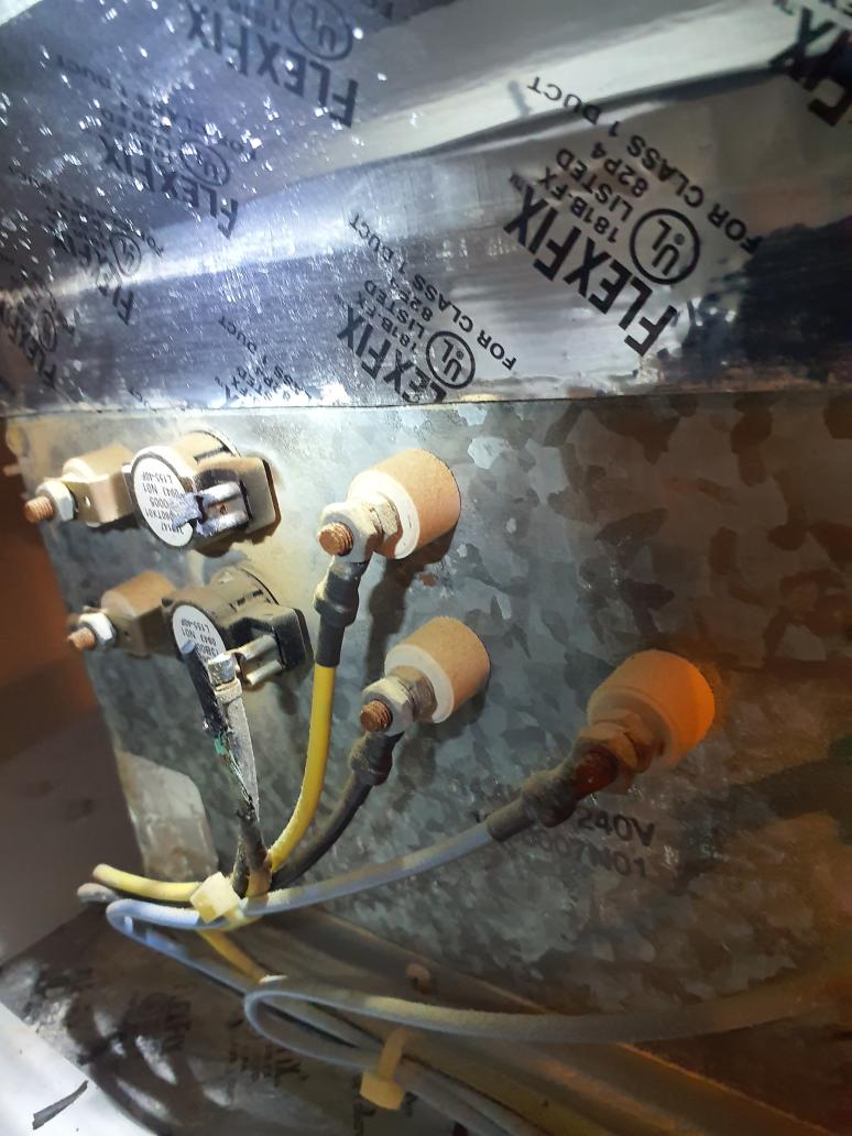 First floor system tripping 60A breaker to thr 10kw section of the auxilairy heater kit.
Tested heat kit with Ohm meter. Banks 1 and 2 on the 10kw side measure 11ohms each
5kw bank 3 measured open
Found burnt wire on the 5kw 3rd bank melted and touching bank 1 wiring. 
Repaired burnt wire.  Verified correct operation of all 3 heat elements (19A each)
Found compressor locking out on FP1 fault
freeze protection lockout temperature was 30⁰
Closed loop system has antifreeze solution, cut jumper for FP1 lockout to 15⁰ temperature
System operating properly at this time.