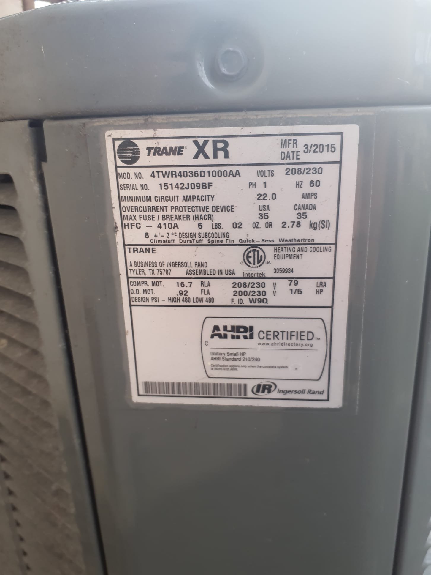 Upon arrival, thermostat is in auto mode at 68 for heating. Turned thermostat to 70 to initiate a heating test. Inspection of air handler shows that the blower is operating, and there is a call for compressor. Refrigerant not audibly flowing. 

Inspection of outdoor unit shows that nothing is operating. Call for compressor is present at Y wire and defrost board. Y call is present through high pressure switch but not low pressure switch. Checked system pressure and it is reading 5psi. Most likely leaked out to 0psi during colder weather, and pressure raised slightly during warmer weather. 

Perform leak search on the system in an attempt to locate the refrigerant leak. Refrigerant leak has been located on an aluminum coil assumed to be caused by vapor line vibrating on the aluminum coil and causing a leak. Trane is closed for the day. Trane will be contacted during business hours to get coil pricing and availability to build a repair quote. 