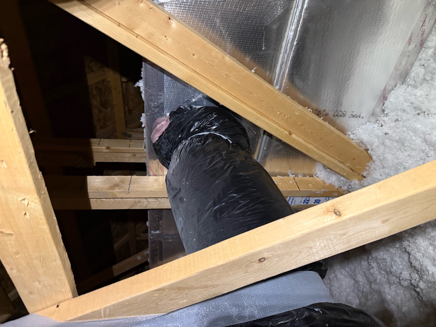 Upon arrival discussed concerns with homeowner and quickly interpreted the attic pipe may have problems due to bedroom is closest to furnace and airflow is significantly affected, after inspecting attic found pipe was disconnected in attic where it used to be attached had ripped off from the weight of the pipe. Restored connection and screwed strap onto pipe, then adjusted support so there’s not so much weight on the connection to cause separation. 