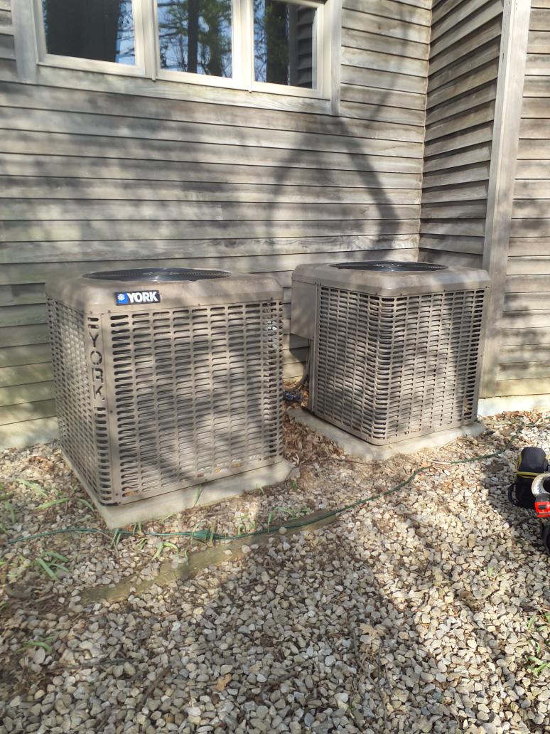 Performed cooling maintenance on two York AC systems
Cleaned both electronic air cleaners
Shutdown humidifier 
Blowers are clean 
No signs of water leaks inside or around the furnaces
Tore down and washed both outdoor units
Capacitors tested good
Refrigerant charges good
Both systems operating normally at this time