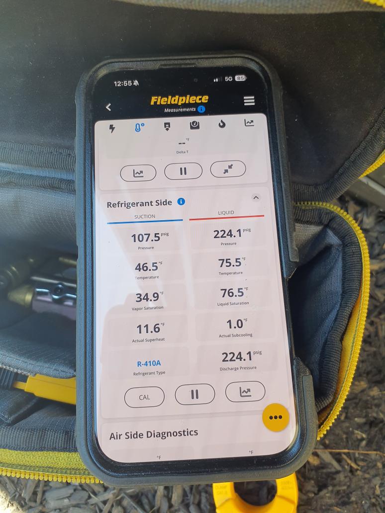 Cooling maintenance on a 2015 Trane
16x25x4 filter is like new
Blower is OK
Condensate line is clear and on schedule with the homeowner for flushing with vinegar
Run tested in stage 2 cooling mode
Liquid line subcooling 1⁰ (spec is 9⁰)
Declined refrigerant top off
Capacitor measured 37.9/5.1
21⁰ delta T
Condenser coil is clean
Wiring is in good shape

Presented $35 off maintenance coupon 
