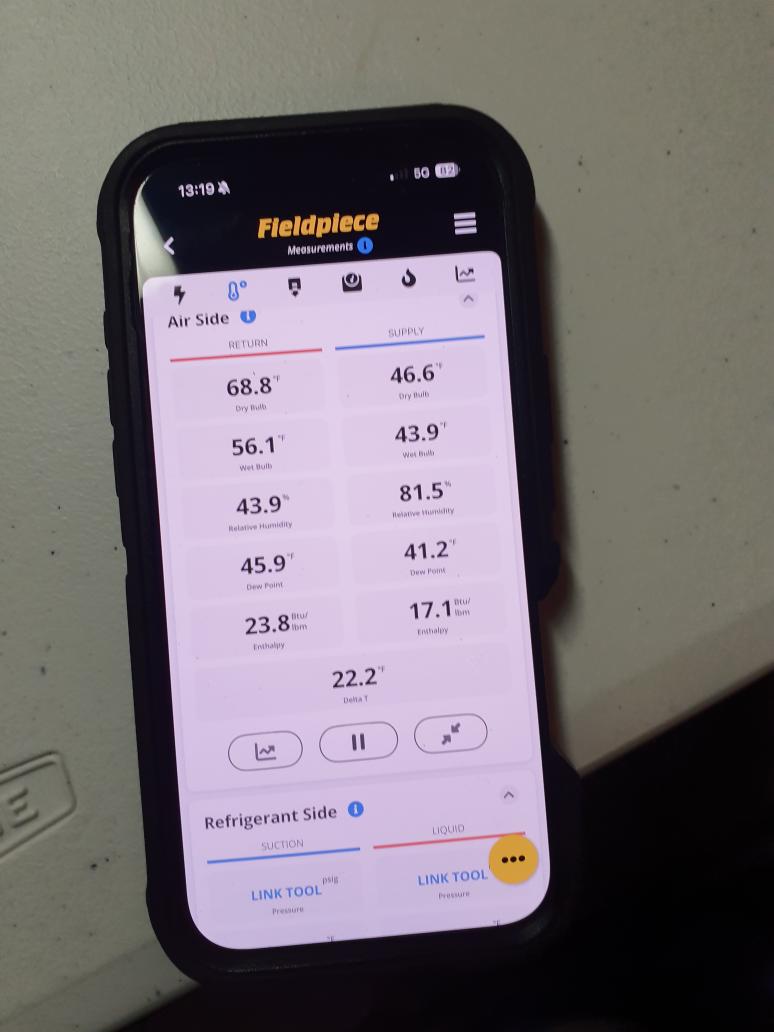 Cooling maintenance on a 2015 Trane
16x25x4 filter is like new
Blower is OK
Condensate line is clear and on schedule with the homeowner for flushing with vinegar
Run tested in stage 2 cooling mode
Liquid line subcooling 1⁰ (spec is 9⁰)
Declined refrigerant top off
Capacitor measured 37.9/5.1
21⁰ delta T
Condenser coil is clean
Wiring is in good shape

Presented $35 off maintenance coupon 