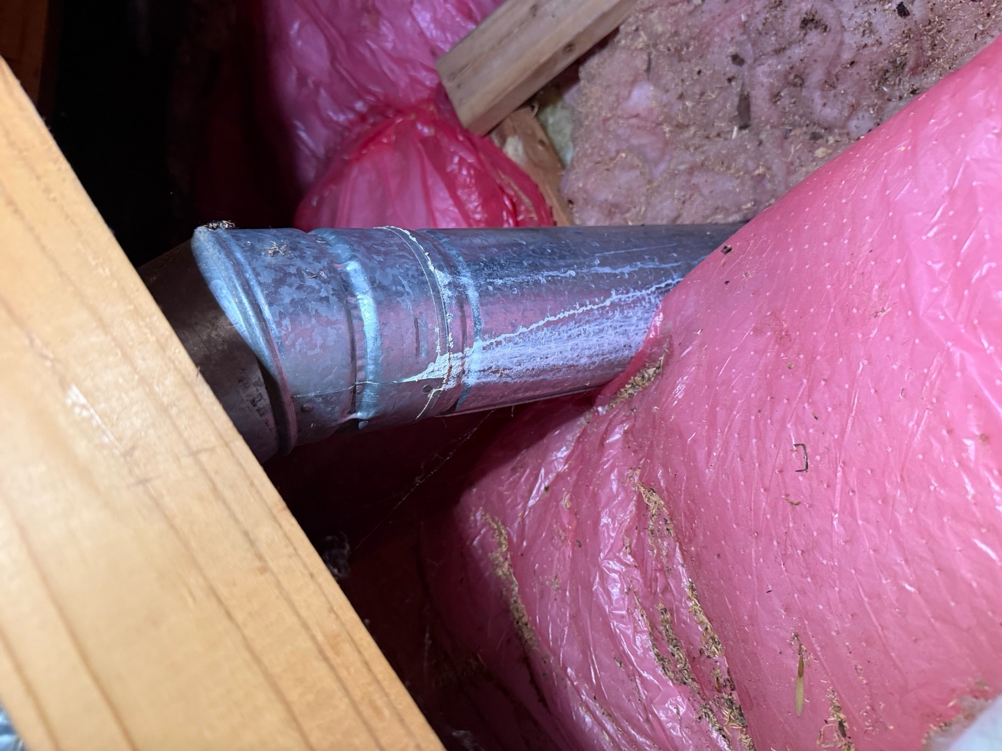 Upon arrival inspected vent in attic and found heavy condensation forming down pipe. Found no main cause of water but discovered pipe was not in use and advised homeowner best route would be deleting the pipe due to no use. 