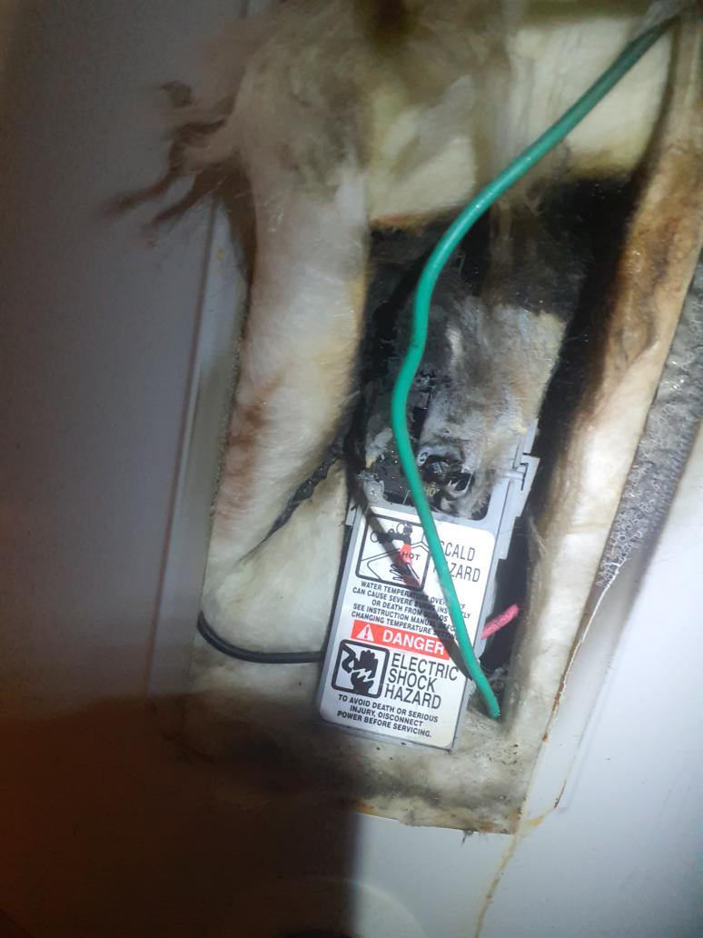 Definitely an electrical burnt smell around the furnace 
No odors inside the furnace or inside the geo split units
Noticed char marks on the water heater
Definitely the source of the burnt electrical smell
Water tank needs repaired/replaced