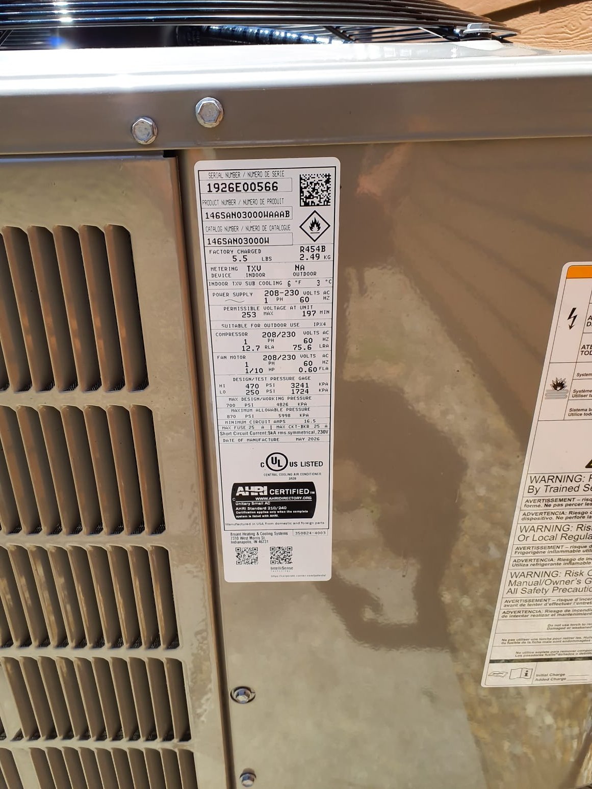 SOLD: 05/29/2026 4:26:42 PM - Option 2

Install:
Legacy, Single Stage Air Conditioner
Model# 146SAN03000W 
Serial#
30,000 BTUs
16.5 SEER2
Bryant Indoor Unit (Coil)
Model# CVAVA3621XMA
Serial#
   
Installation:
Basic Install Kit 
Plenum transition 
RX-11 Flush 
PVC drain
Low voltage wiring 
Outdoor pad 
Disconnect 
Electric wiring whip

Warranty:
2 Year Labor Warranty (Annual maintenance must be performed)  
10 Year Compressor Warranty (Annual maintenance must be performed)


