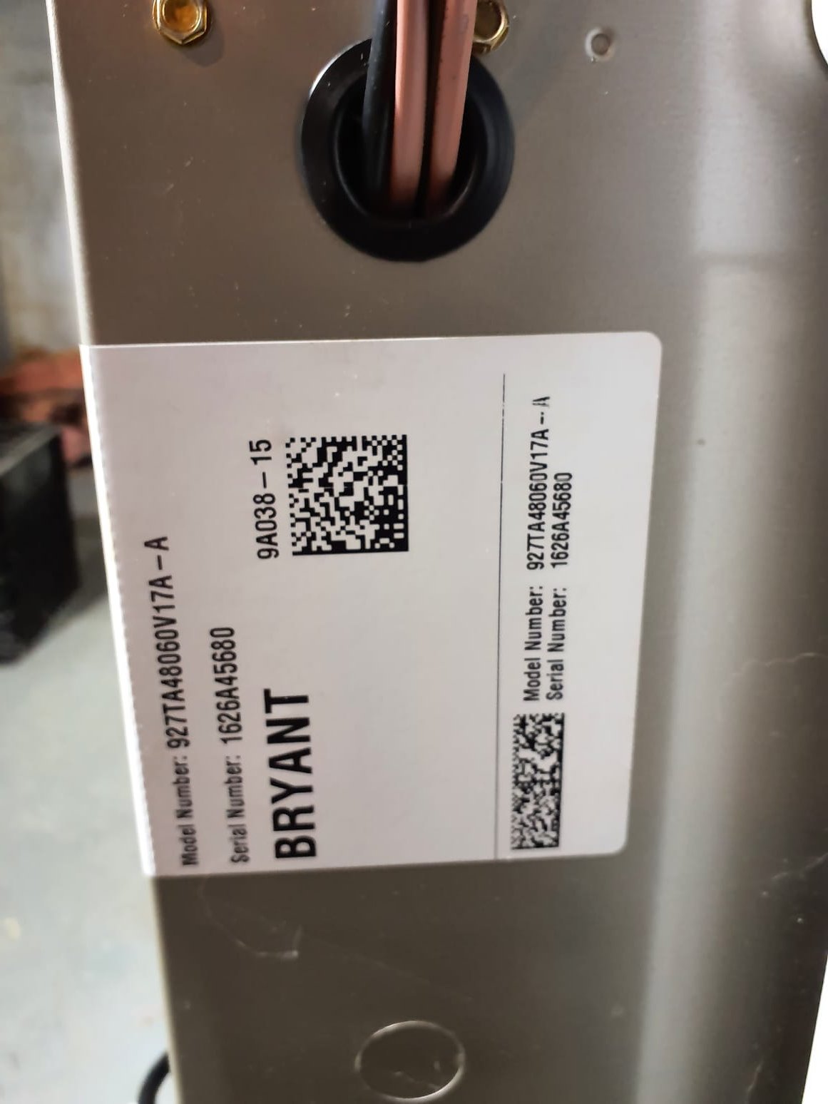 SOLD: 06/03/2026 9:23:55 AM - Option 1
Install Bryant HVAC System

Equipment:
*Furnace - Preferred - Two Stage 927TA48060V17 Gas Furnace
Model#927TA48060V17
Serial#S1626A45680
60,000 BTUs-97% AFUE
*Bryan Indoor Unit (Coil)
Model Number#CVAVA2417XMA
Serial#S1526J76673
*Single Stage Air Conditioner
Model#GA5SAN52400W
Serial#S0326X21395
24,000 BTUs
14 SEER2

Installation:
Basic Install Kit
Plenum transition
RX-11 Flush
PVC drain
Low voltage wiring
Outdoor pad
Disconnect
Electric wiring whip

Additional Services:
- New PVC furnace vents. Level 1

Accessories Selected:
Thermostat - Honeywell Elite Pro S1200 Smart Thermostat
Air Filtration - April Aire 1210 (20X25) Media Air Cleaner 
 Indoor Air Quality - Nu Calgon iwave Air Purifier  
Totaline Bypass Humidifier






 

