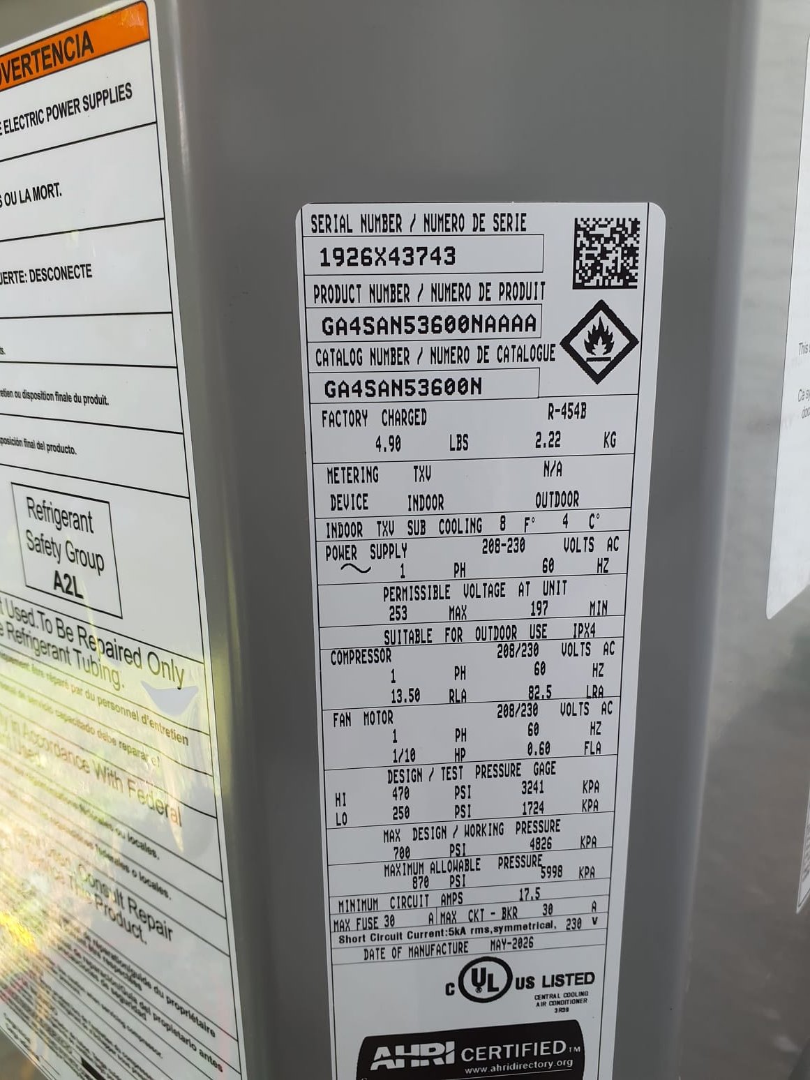 06/16/2026 12:57:10 PM - Option 1 A/C and Coil Replacement
Install:
*Single-Stage Air Conditioner
Model# GA4SAN53600N
Serial# 
36,000 BTUs  
13.4 SEER2

*Exact Coil
Model#  ADPGG32A36D210B106R

Warranty:
10 Year Parts Warranty 
2 Year Labor Warranty  
10 Year Compressor Warranty

