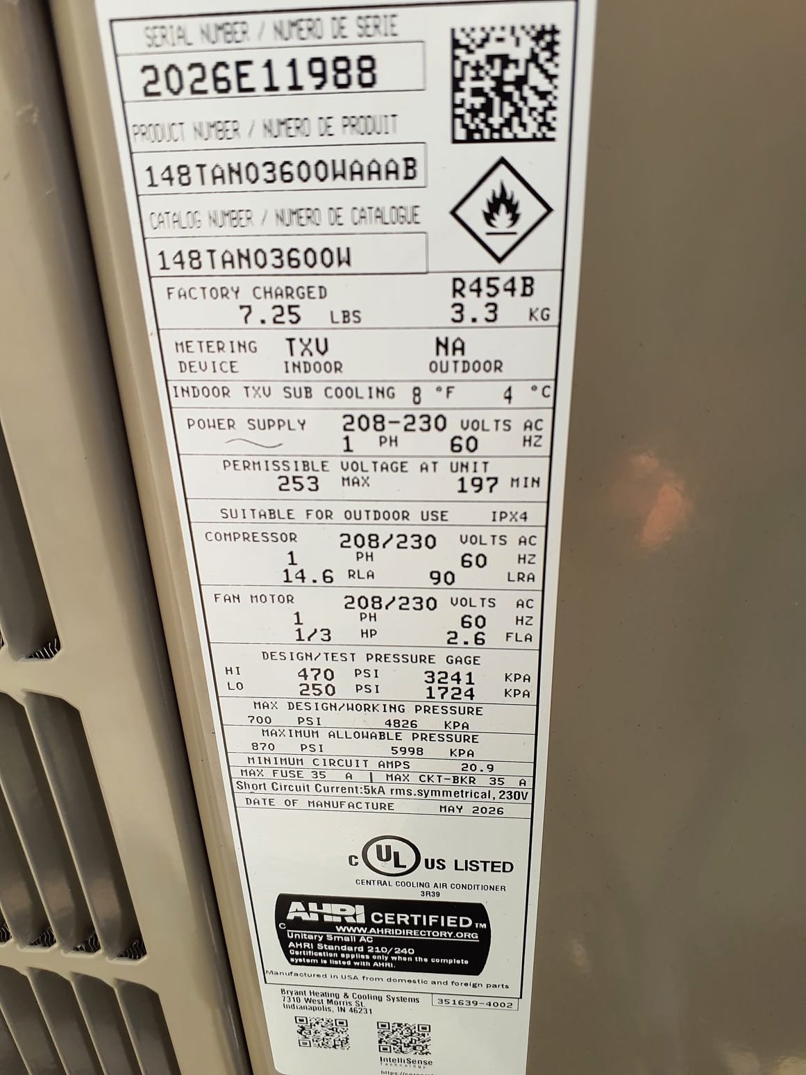 SOLD: 06/30/2026 8:55:18 AM - Option 1 - AC and Coil

Install:
Preferred - Two Stage Air Conditioner 
36,000 BTUs • 18 SEER2, 14 EER2
Model#148TAN03600W
Serial#2026E11988

Bryant Indoor Unit (Coil)
Model#CVAVA3617XMA 
Serial#1826J21102

Installation:
Basic Install Kit 
Plenum transition 
RX-11 Flush
PVC drain
Low voltage wiring 
Outdoor pad 
Disconnect  
Electric wiring whip

Warranty:
10 Year Parts Warranty 
2 Year Labor Warranty (Annual maintenance must be performed)
10 Year Compressor Warranty