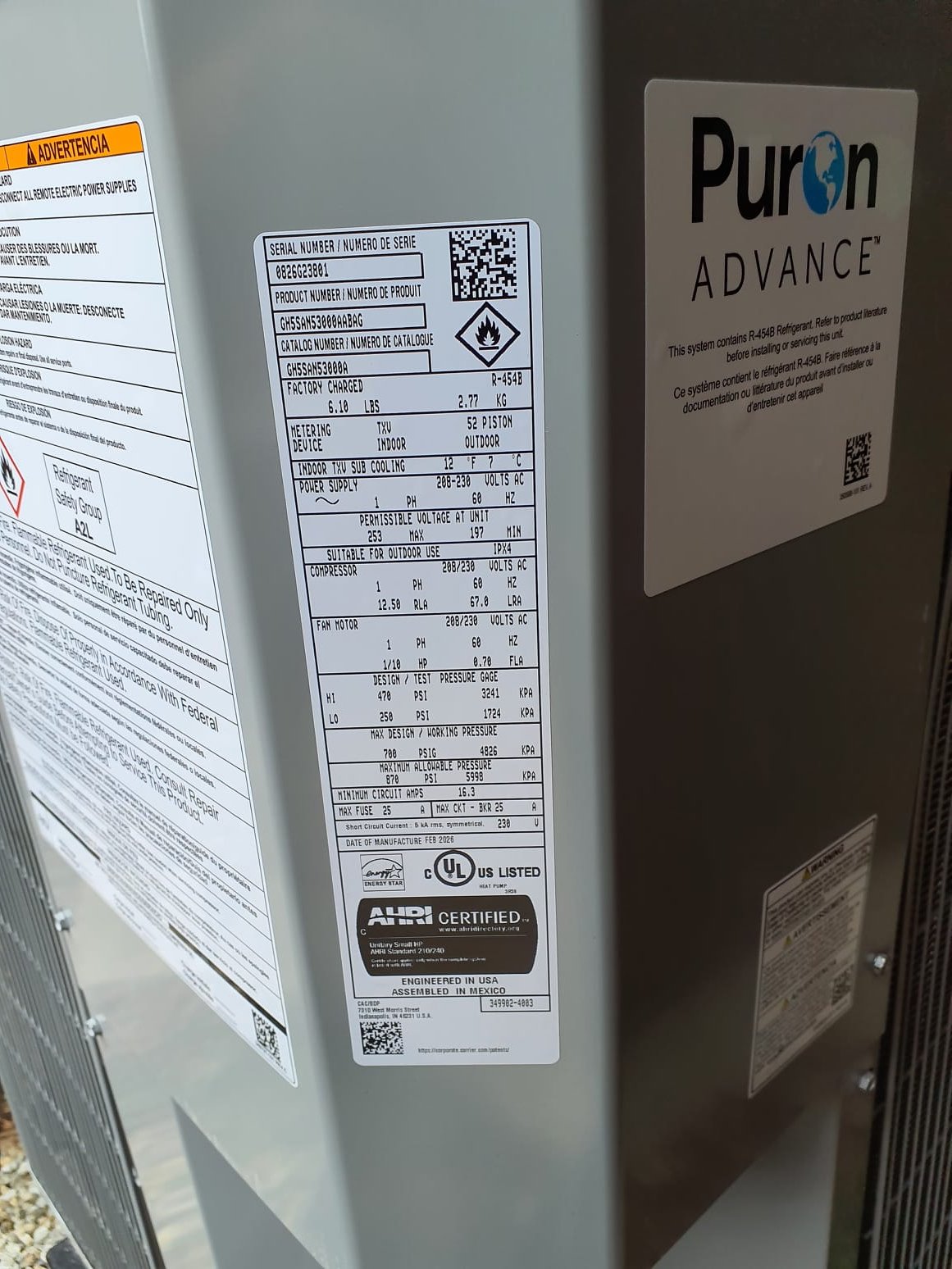 SOLD: 08/02/2026 10:43:15 PM - Option 1


Single-Stage Heat Pump, 30,000 BTUs ,14.3 SEER2, 12.5 EER2, 7.8 HSPF2
Model: GH5SAN53000A
Serial: 0826G23801
Legacy - Multi 5-speed, ECM Motor Air Handler
Model: FJ5ANXB30L00 
Serial: 3026F37293
Bryant EH-15AKBLC Electric Heater 15 kW


Installation:
Basic Install Kit
Plenum transition
RX-11 Flush
PVC drain
Low voltage wiring
Outdoor pad
Disconnect
Electric wiring whip

Accessories:
Air Filtration - 1" Standard Filter Rack


Warranty: 
10 Year Parts Warranty
2 Year Labor Warranty ( Annual Maintenance Must Be Performed)
10 Year Compressor Warranty






