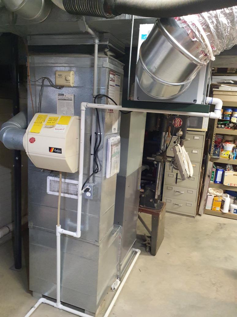 Install Aprilaire E100 dehumidifier
Hang unit 
Duct from return into supply 
Add remote humiditstat controller