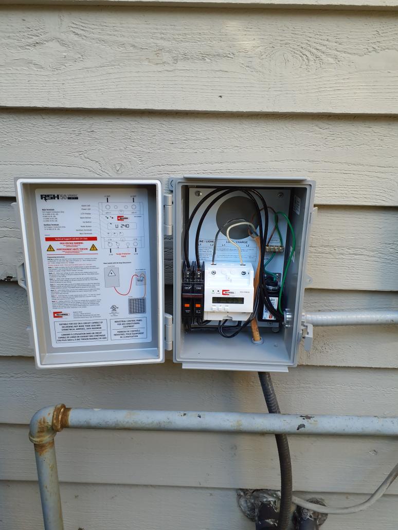 Install a voltage monitor device that ensures only the safe voltage allowed will be provided to the AC unit 
If voltage falls outside this safe range, device will shut down power to protect the AC unit
Device also includes surge suppression built in
Trane cleaneffects door replaced 
Verified communication system recognized new door