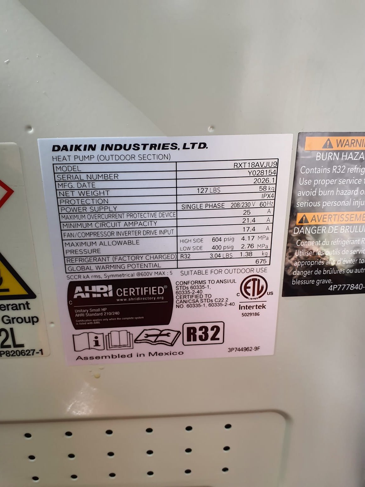 SOLD: 09/25/2026 4:18:07 PM - Option 1
Install:
Aurora Heat Pump:18,000 BTUs•19.5 SEER2, 11.5 EER2, 9.7 HSPF2
Model#:RXT18AVJU9
Serial#:Y028154B
z Daikin Wall Mount Indoor Unit (Coil)
Model#:FTXV18AVJU9
Serial#:Y083881J

Installation:
40 Ft Copper lineset
Outdoor pad
Disconnect
Electric wiring whip

Warranty:
12 Year Parts Warranty
2 Year Labor Warranty(Annual Maintenance Must Be Performed)


